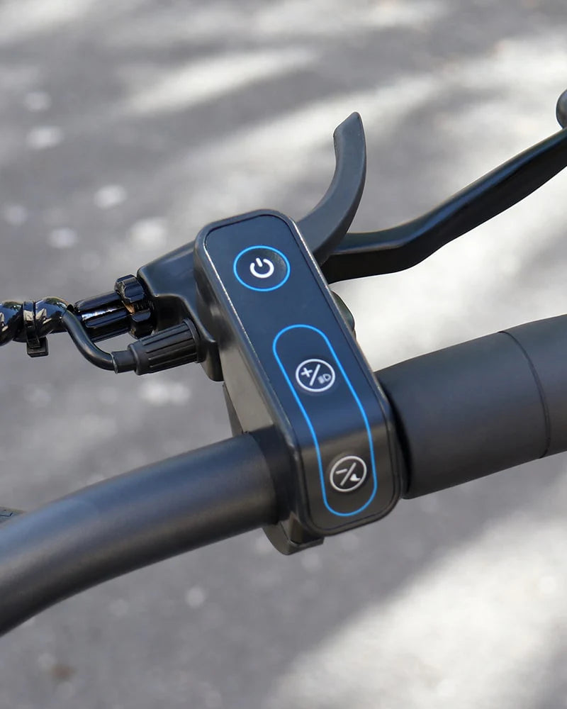 Close-up of the VIPCOO VS6 1000W Electric Scooter handlebar by Vipcoo, featuring a control panel with a power button and two percentage-marked buttons; blurred pavement in the background.