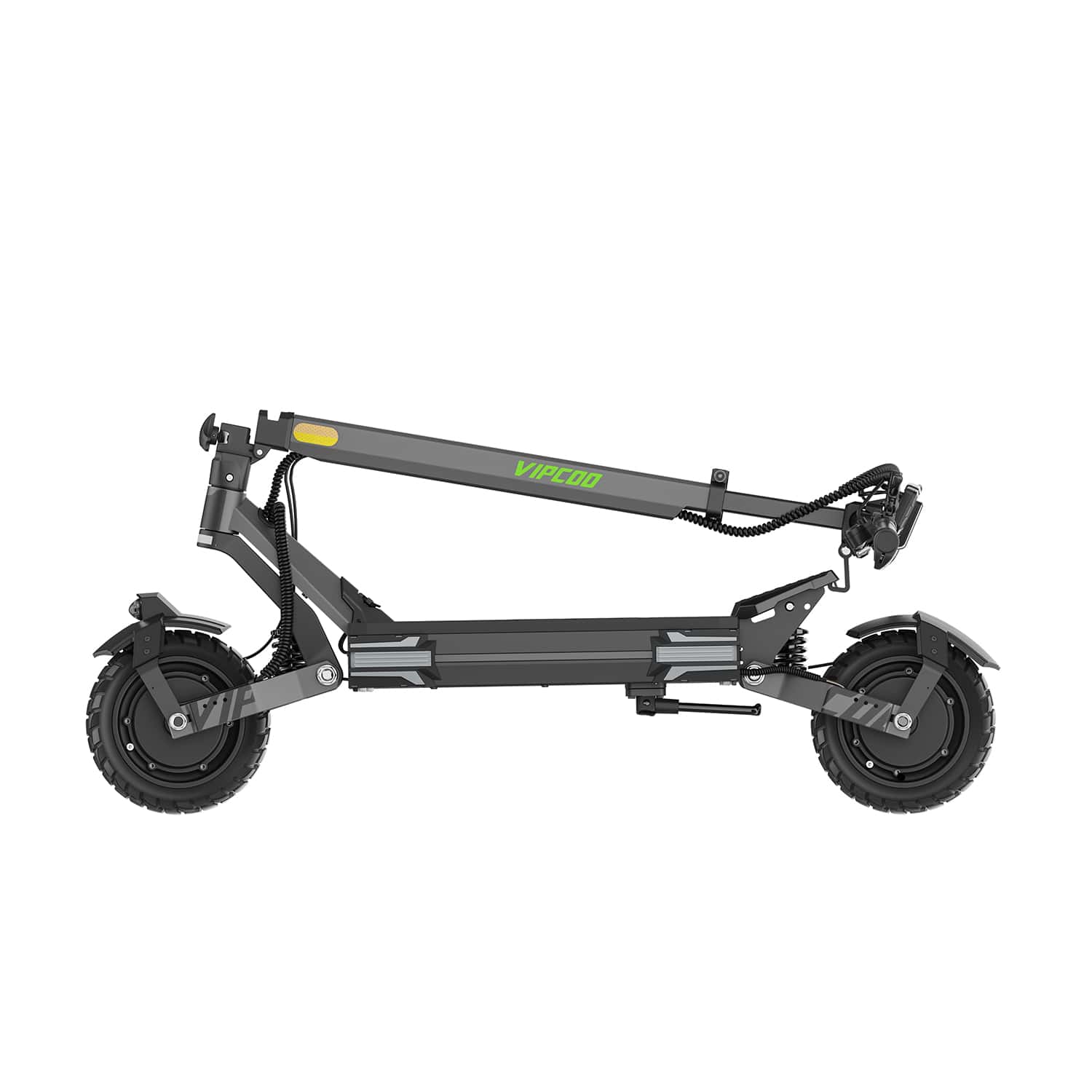 The VIPCOO VS6 1000W Electric Scooter, folded in half, showcases thick tires and a sturdy black frame with the Vipcoo brand name in green. Its handlebars and deck align parallel for compact storage.