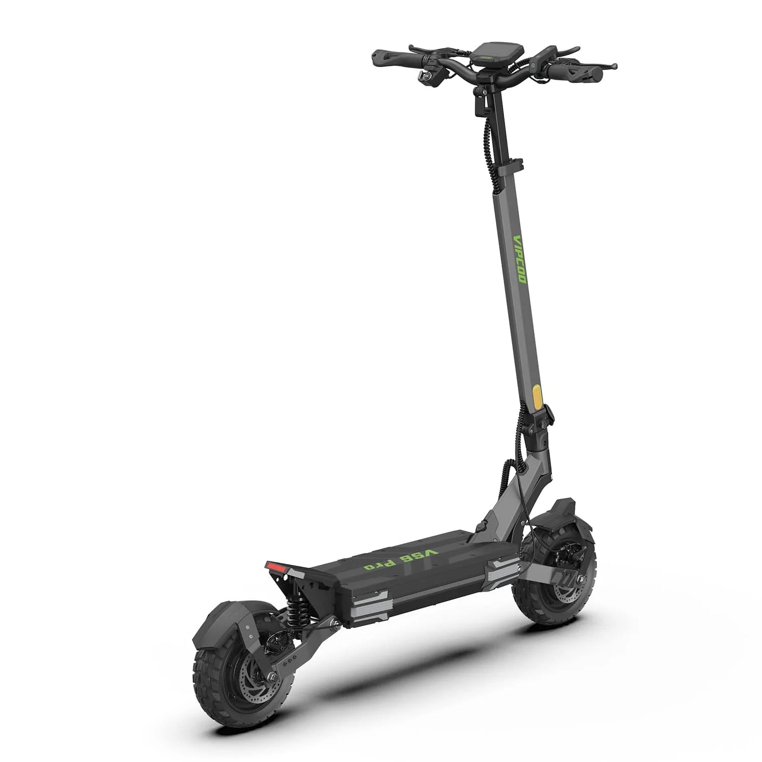 The Vipcoo VIPCOO VS6 1000W Electric Scooter is black with thick tires, a wide deck, front and rear suspension, and handlebar controls. "Vipcoo" appears on the stem. The scooter stands upright on a white background.