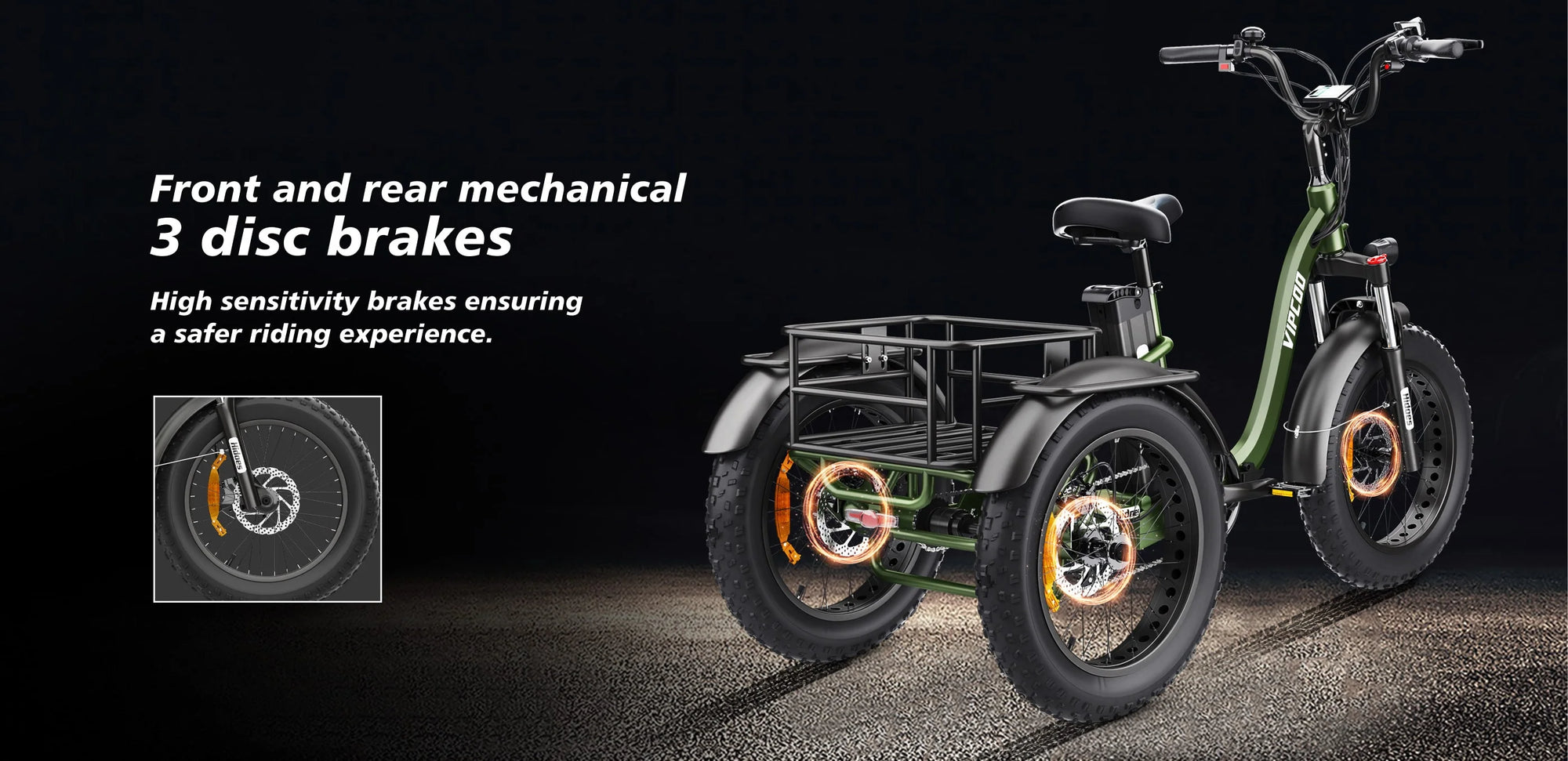 A green three-wheeled electric bike with large tires and a rear cargo rack is shown, highlighting its front and rear disc brakes. Text describes the 3-disc brake system for enhanced riding safety.