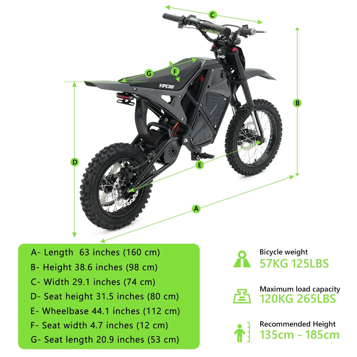 Vipcoo H3 Electric Dirt Bike size and dimensions