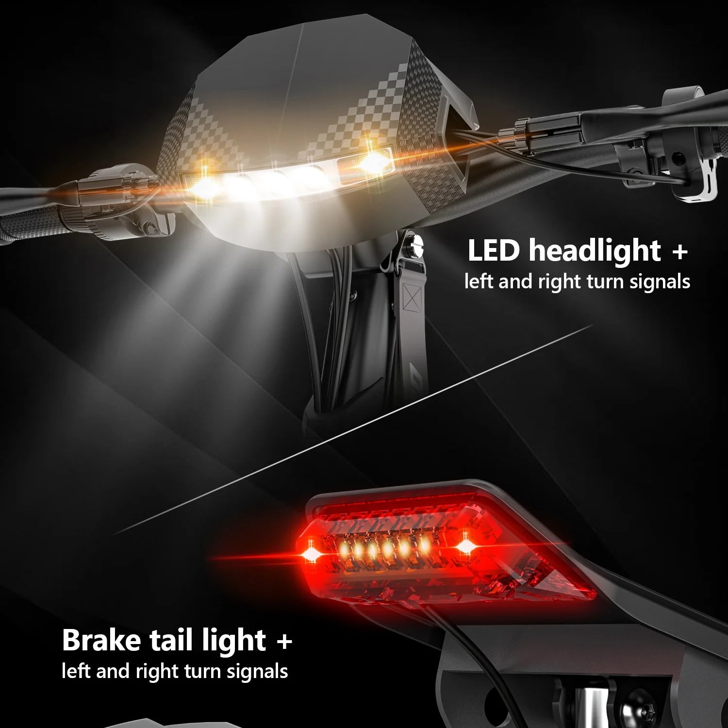 Close-up of a bike’s LED headlight and brake tail light, both with illuminated left and right turn signals, shown with labeled text highlighting their features on a dark background.