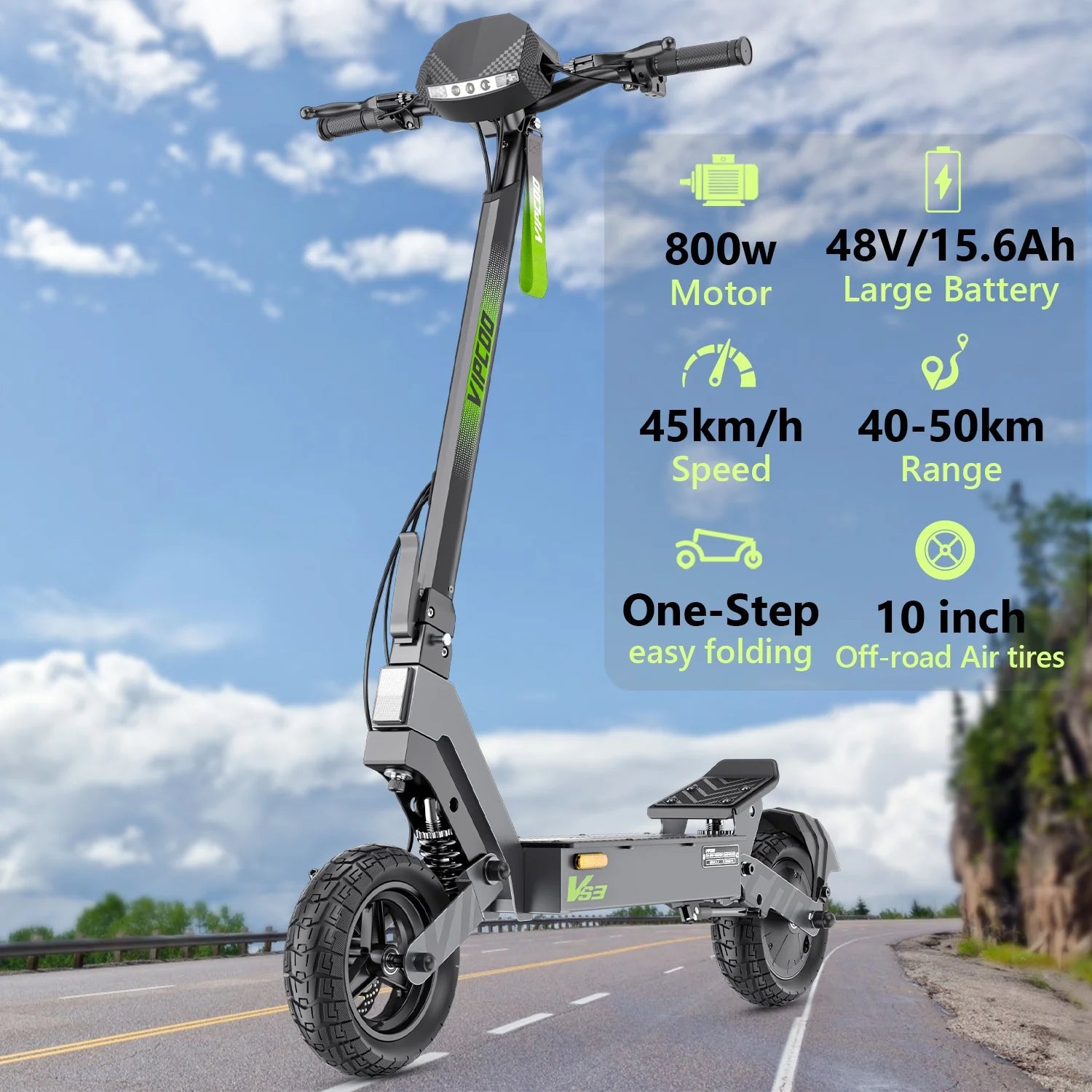Electric scooter on a road with features listed: 800W motor, 48V/15.6Ah battery, 45 km/h speed, 40-50 km range, easy folding, 10-inch off-road air tires. Background shows sky and rocky hills.
