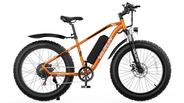 Orange electric bike with Varun logo on a white background