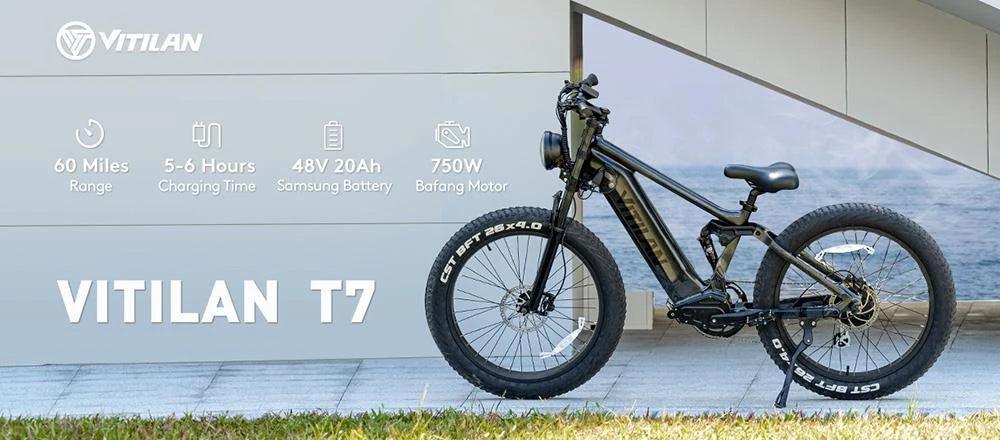 Black Vitilan T7 electric bike with fat tires parked on grass in front of a modern building wall and water background
