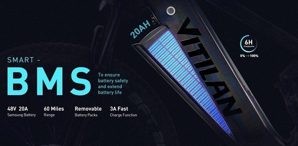 Close-up of a Vitllan e-bike battery with smart BMS features, charging status, and performance specifications.