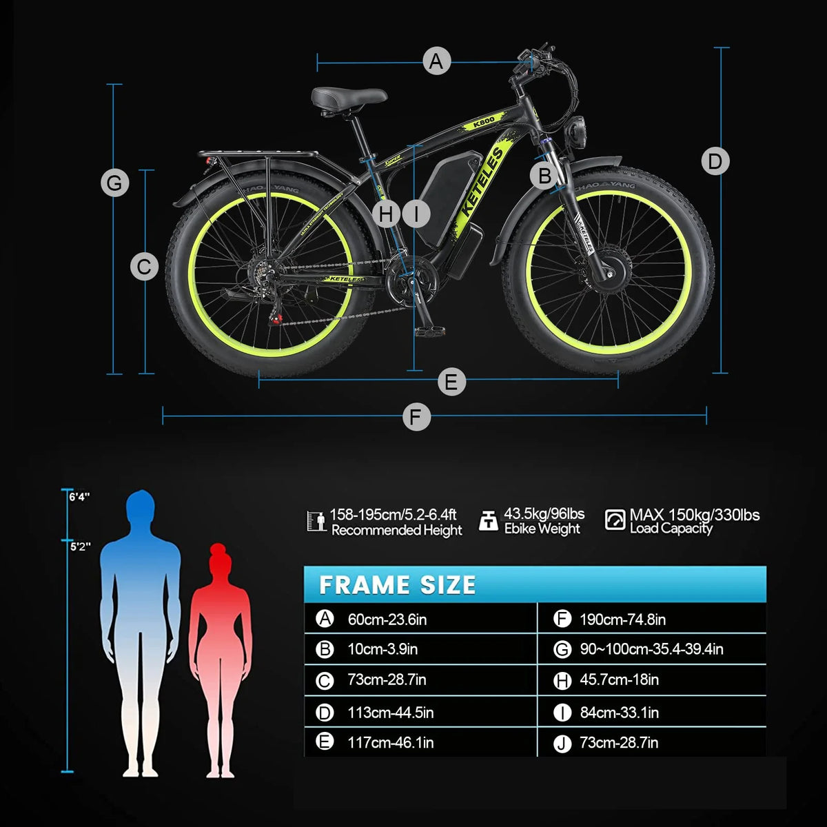 KETELES K800 Electric Bike size and dimensions