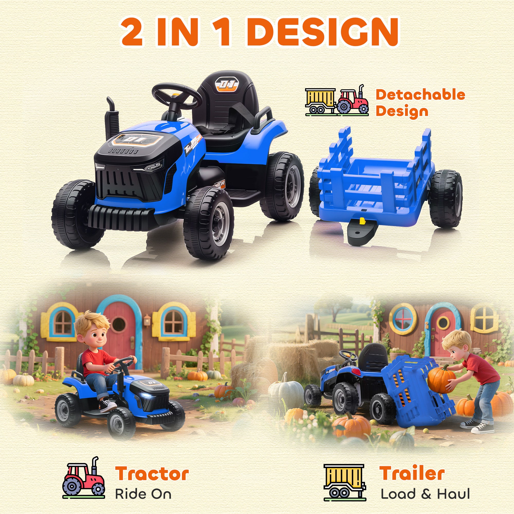 AIYAPLAY 12V Kids Ride-On Tractor with Trailer