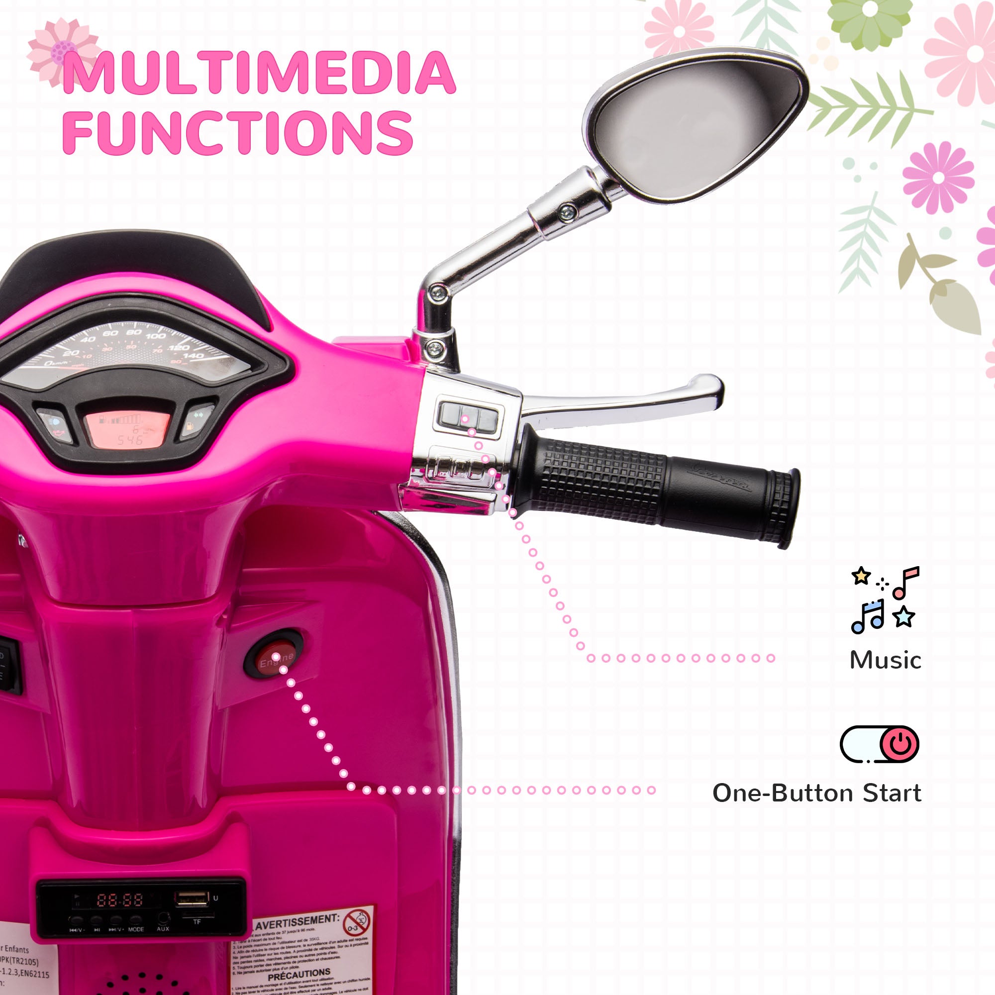 AIYAPLAY Vespa 12V Kids Electric Motorbike - Pink