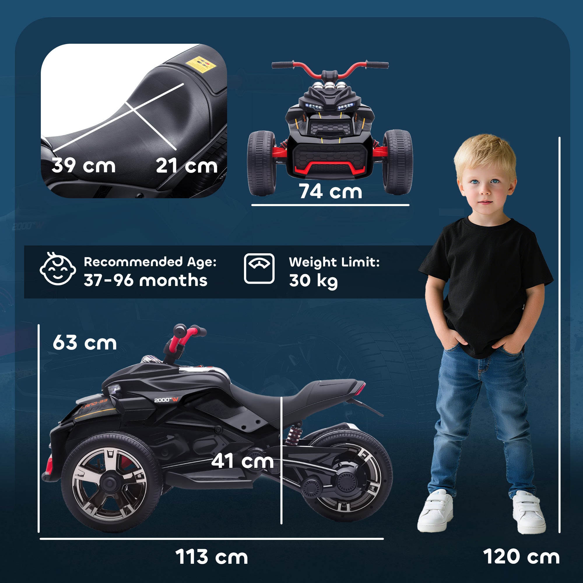 AIYAPLAY 12V Three-Wheel Kids Electric Car - Black