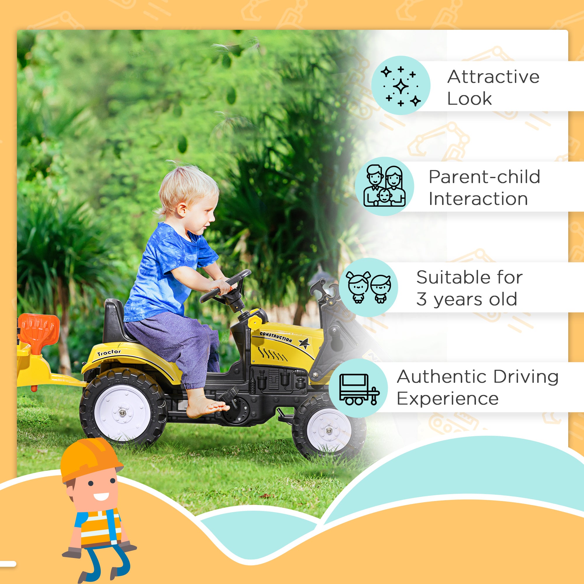 HOMCOM Kids Pedal Go Kart Excavator Yellow