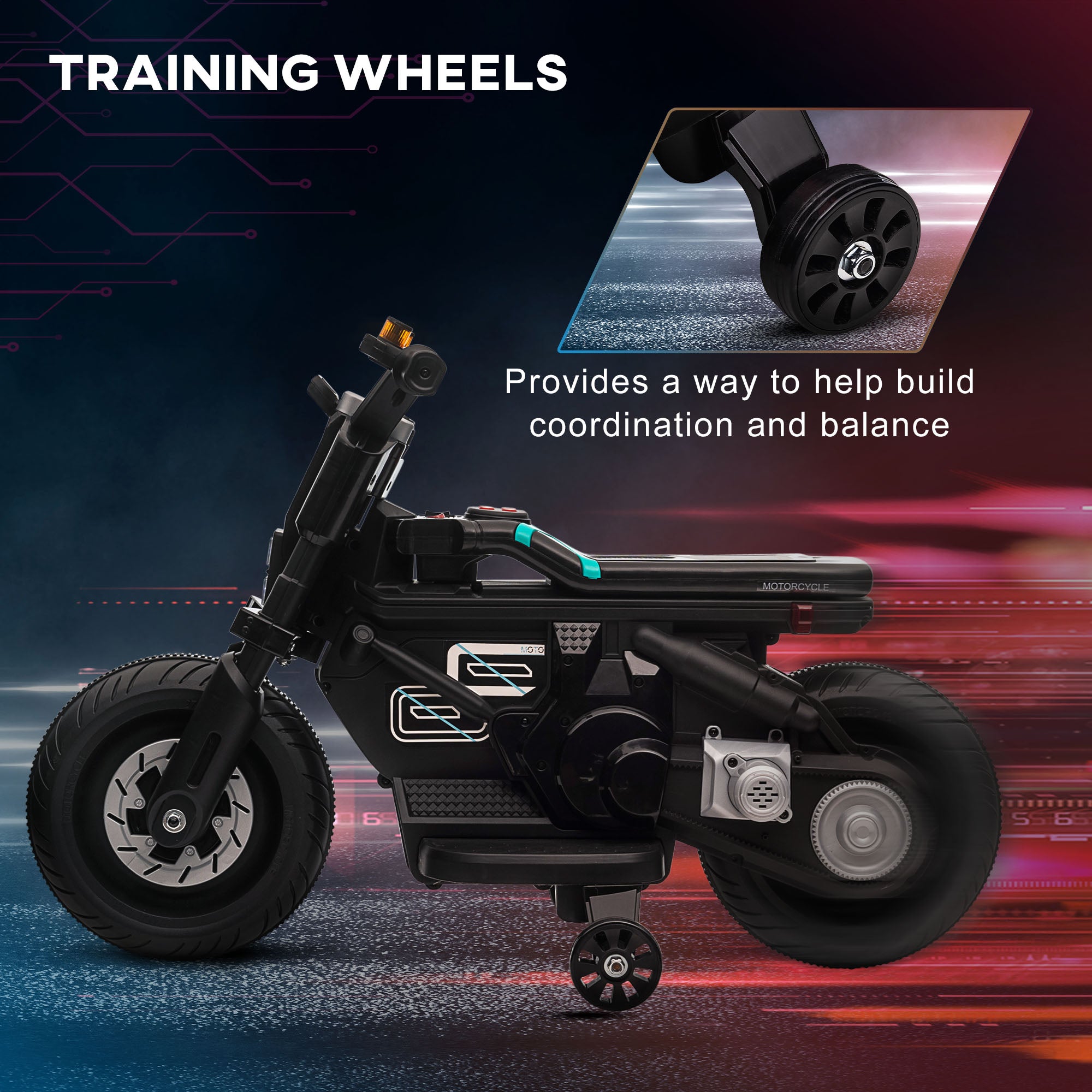HOMCOM Kids Electric Motorbike with Training Wheels - Black