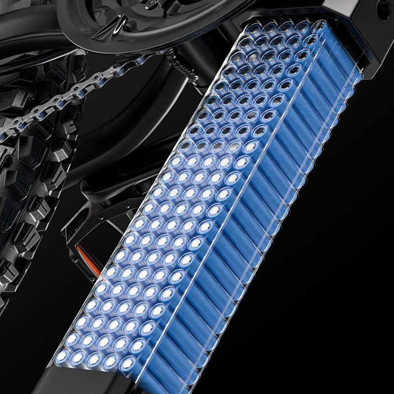 Close-up of the Randride YX90A Electric Mountain Bike by Randride, showing blue cylindrical battery cells within the frame’s compartment and emphasizing the rugged tire in the background of this full suspension MTB.