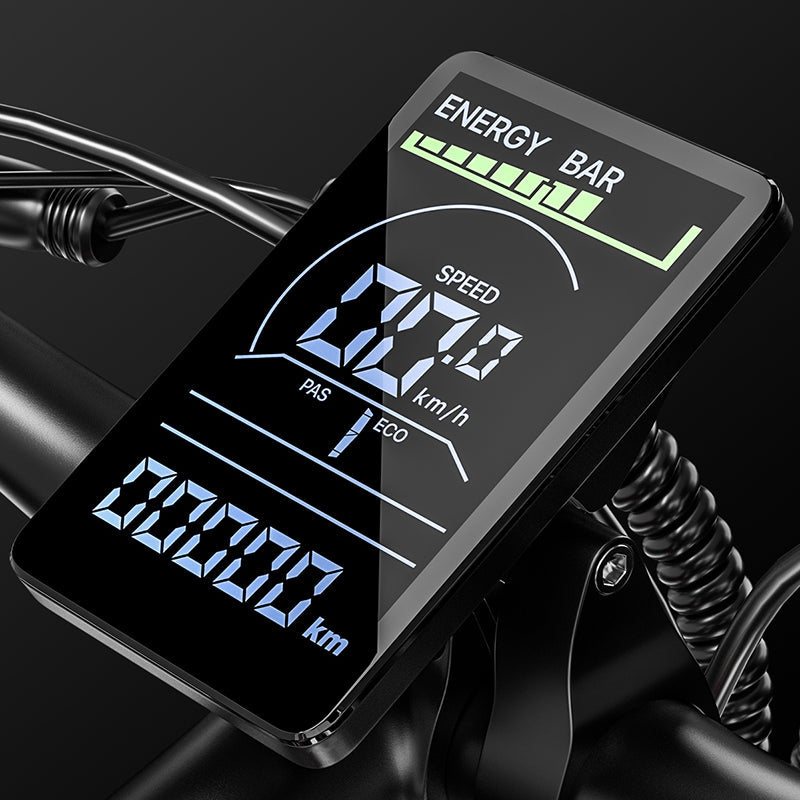 A close-up of the Randride YX90A Electric Mountain Bike display shows speed (27.0 km/h), distance (00000 km), power assist level, and battery bar. The 1000W rear hub motor is featured, all on a black background by Randride.