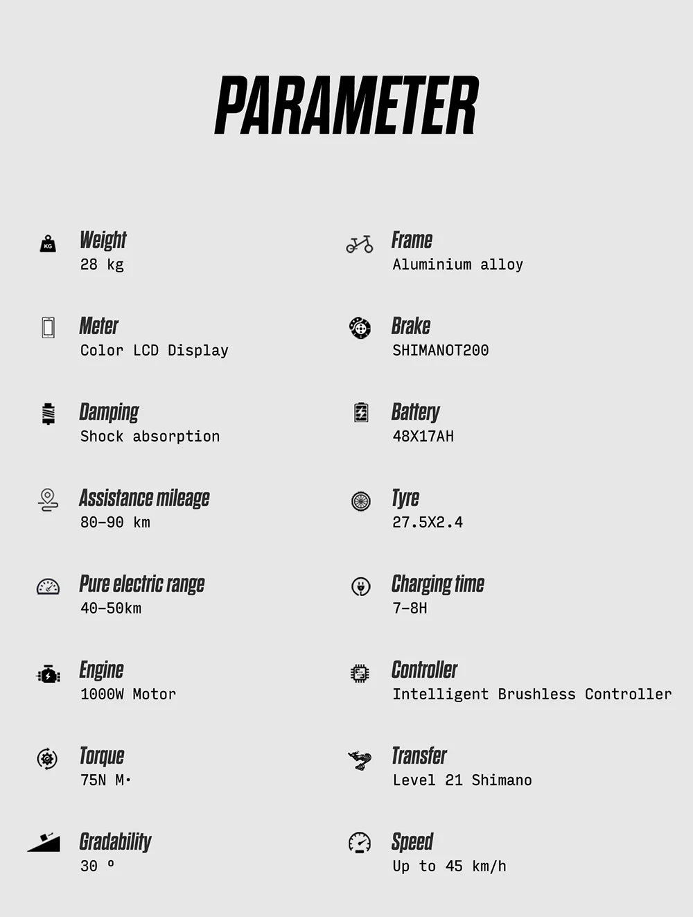 The Randride YX90A Electric Mountain Bike by Randride features a full suspension, 1000W rear hub motor, weighs 28kg, has a 48V17AH battery, max speed of 45km/h, 75Nm torque, up to 80–90km range, and an aluminum alloy frame.