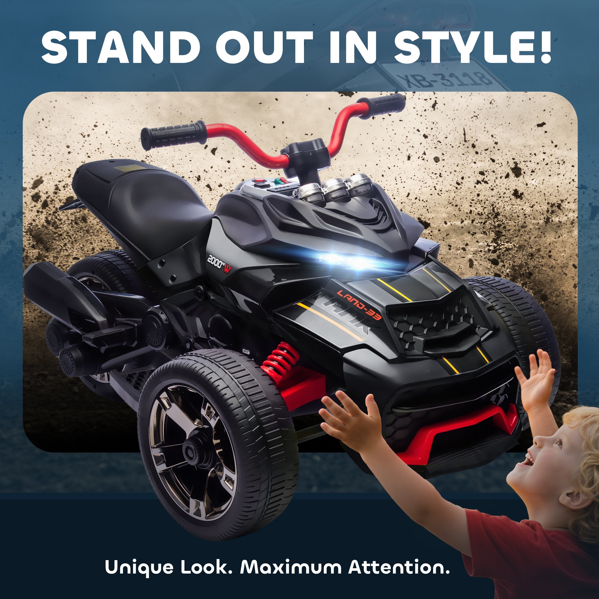 AIYAPLAY 12V Three-Wheel Kids Electric Car - Black