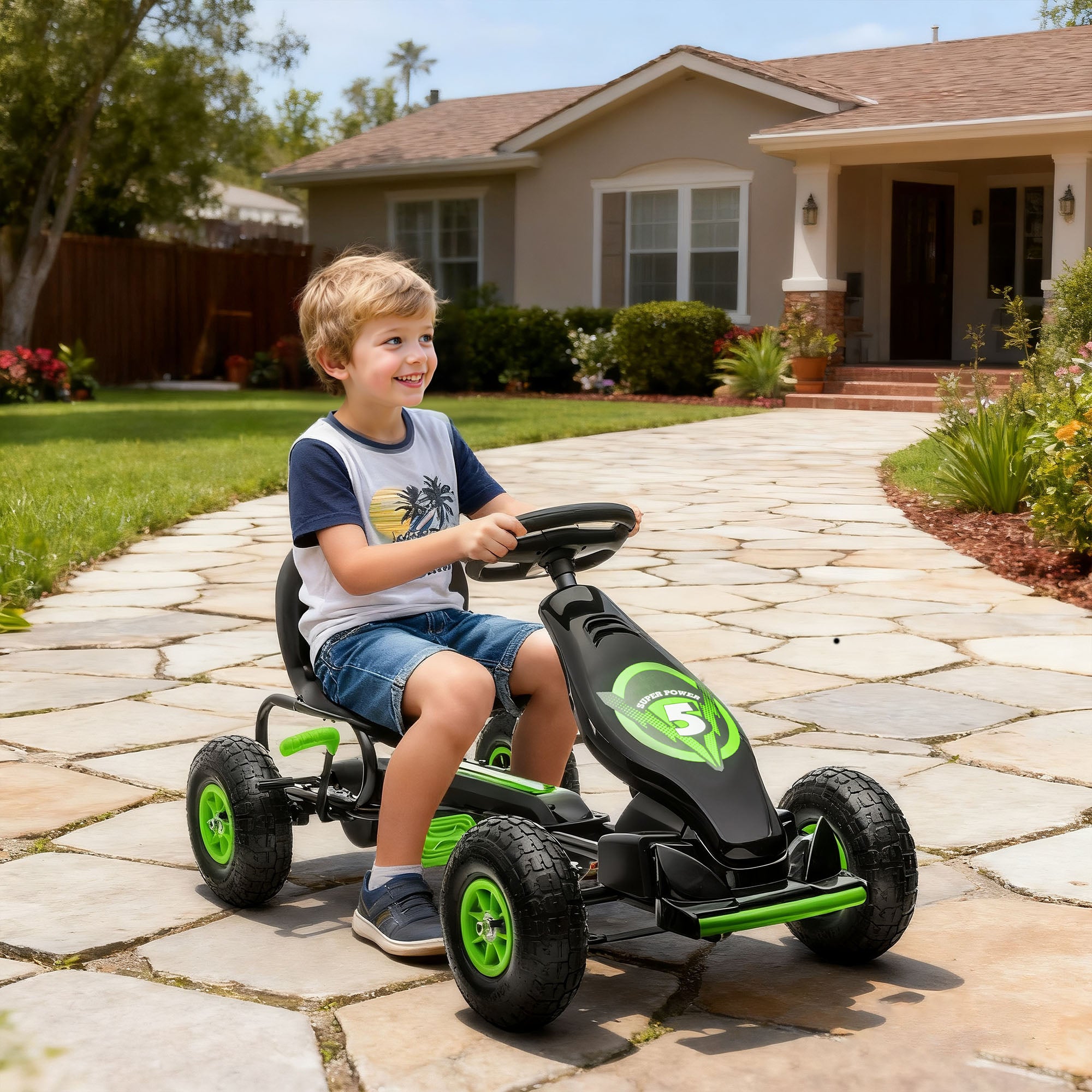 HOMCOM Kids Go Kart Adjustable Seat Inflatable Tyres