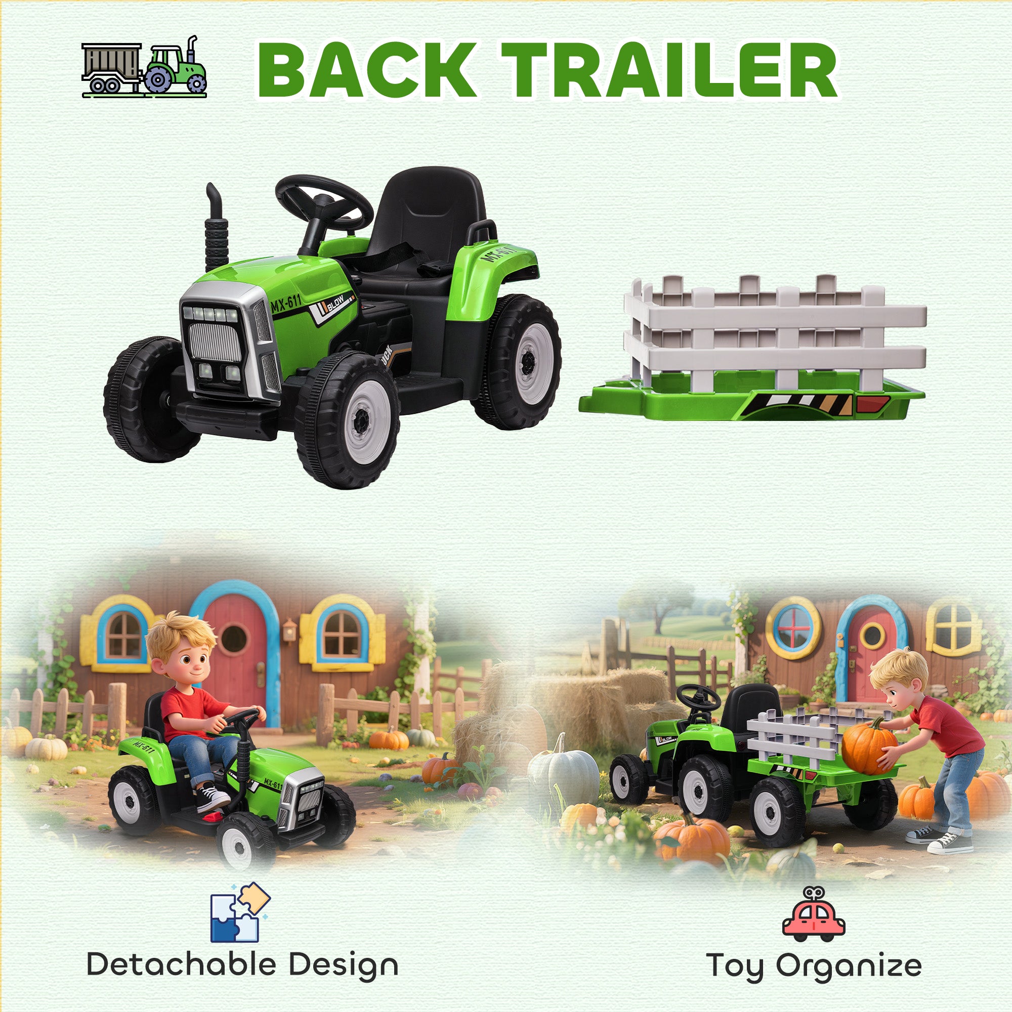 HOMCOM Kids Electric Ride-On Tractor with Trailer