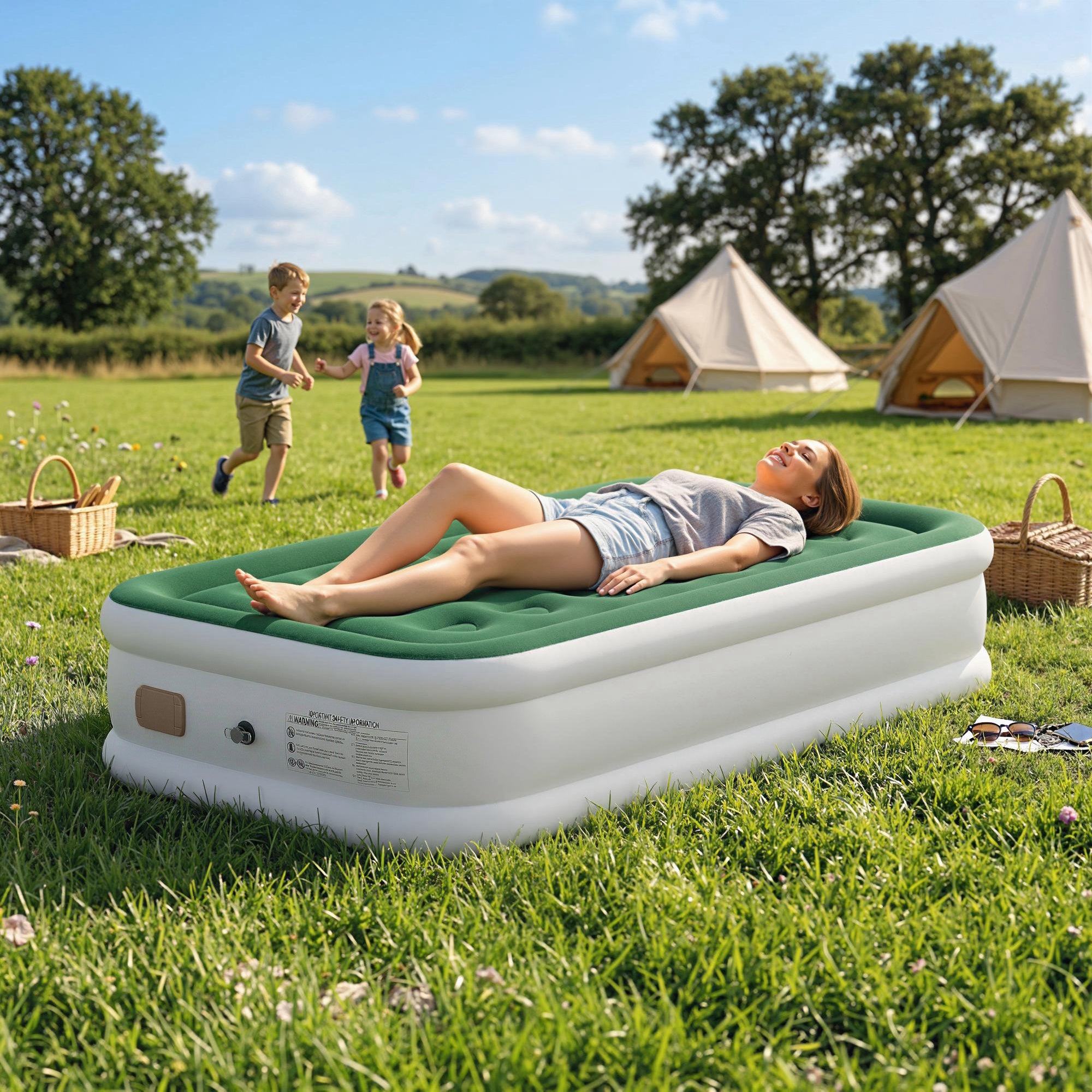 Outsunny Inflatable Mattress, Single Air Bed with Built-in Electric Pump, 3 Mins Inflation, Flocked Surface - Dark Green