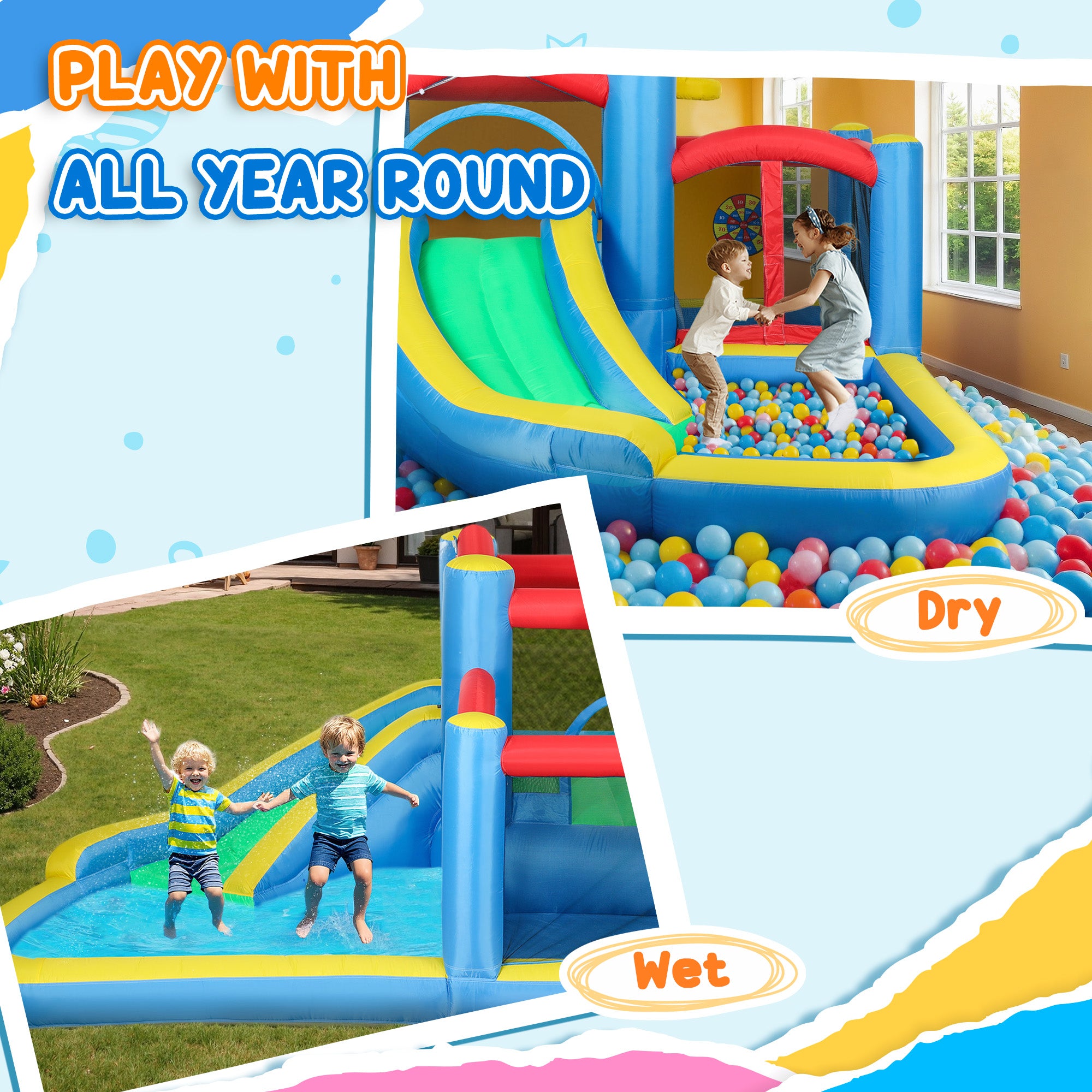 AIYAPLAY Bouncy Castle with Long Slide & Dart Board