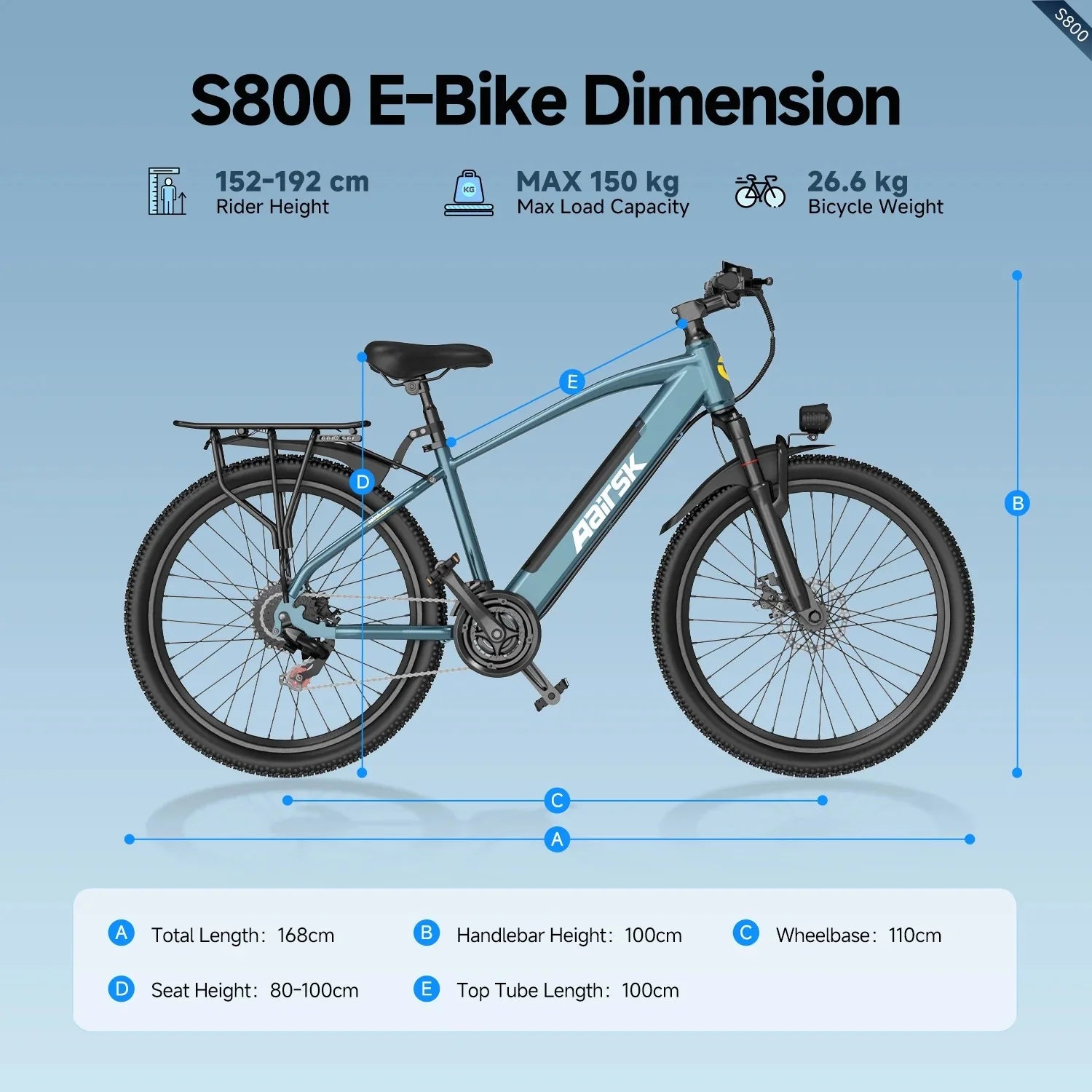 Aairsk S800 Electric City Bike dimensions