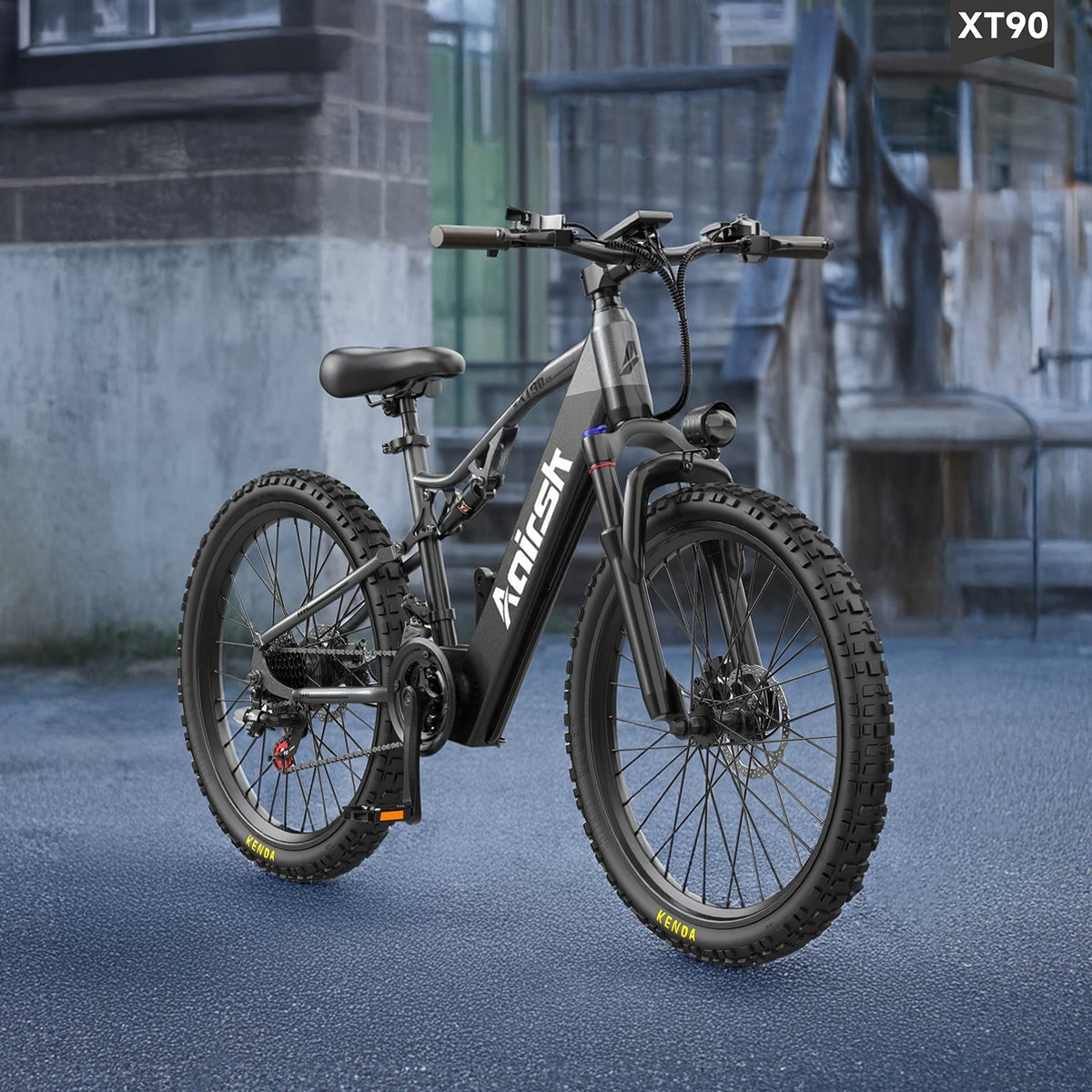 Electric bike with 'Aeotec' branding on a blurred background