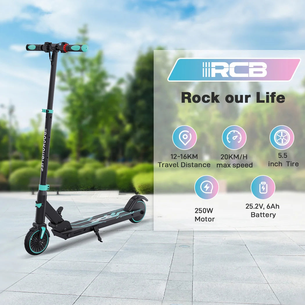 An electric scooter stands on pavement in a park. A graphic lists specs: 12-16 km travel distance, 20 km/h max speed, 5.5-inch tire, 250W motor, and 25.2V 6Ah battery. The text reads “RCB Rock our Life.”.