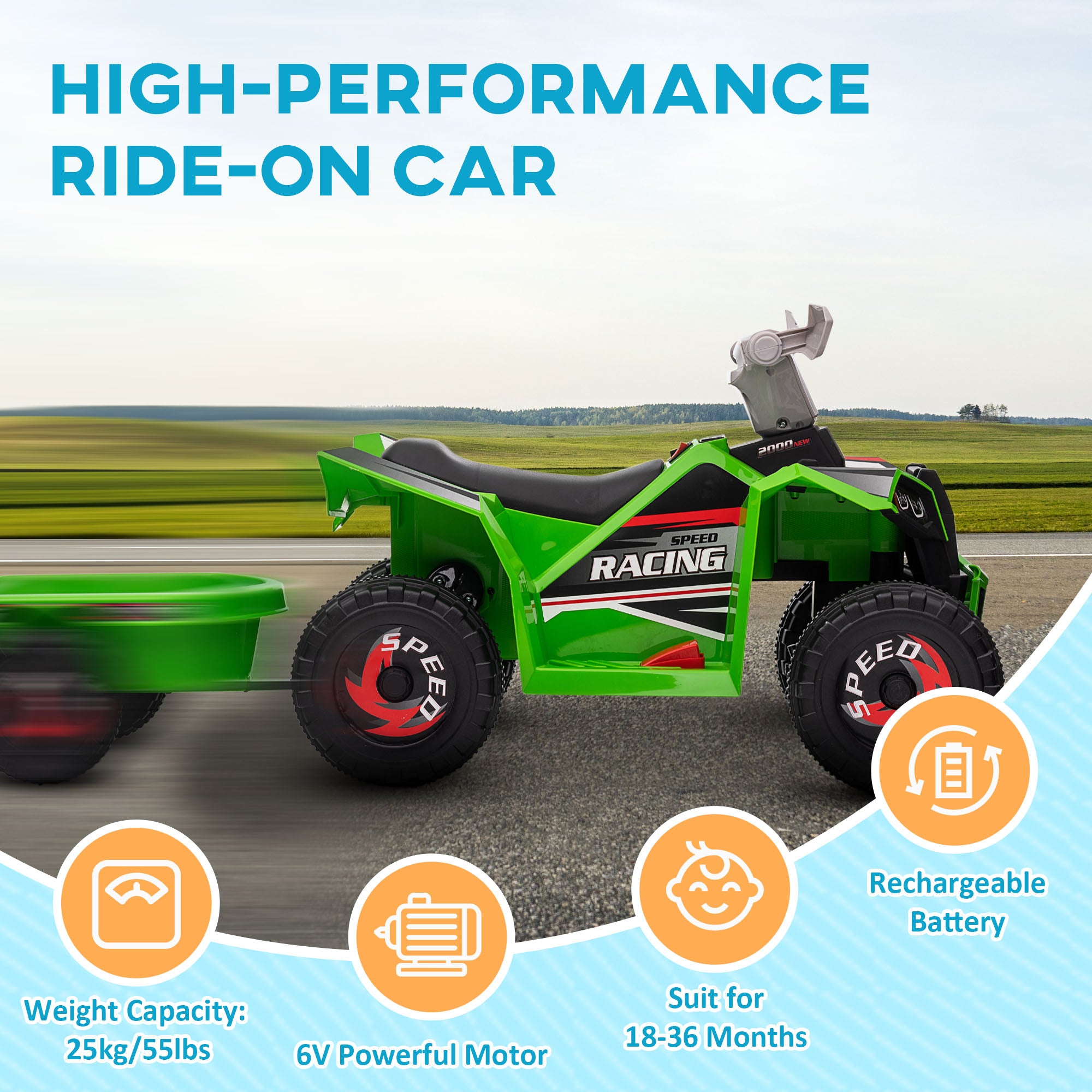 HOMCOM 6V Kids Quad Bike with Trailer - Blue