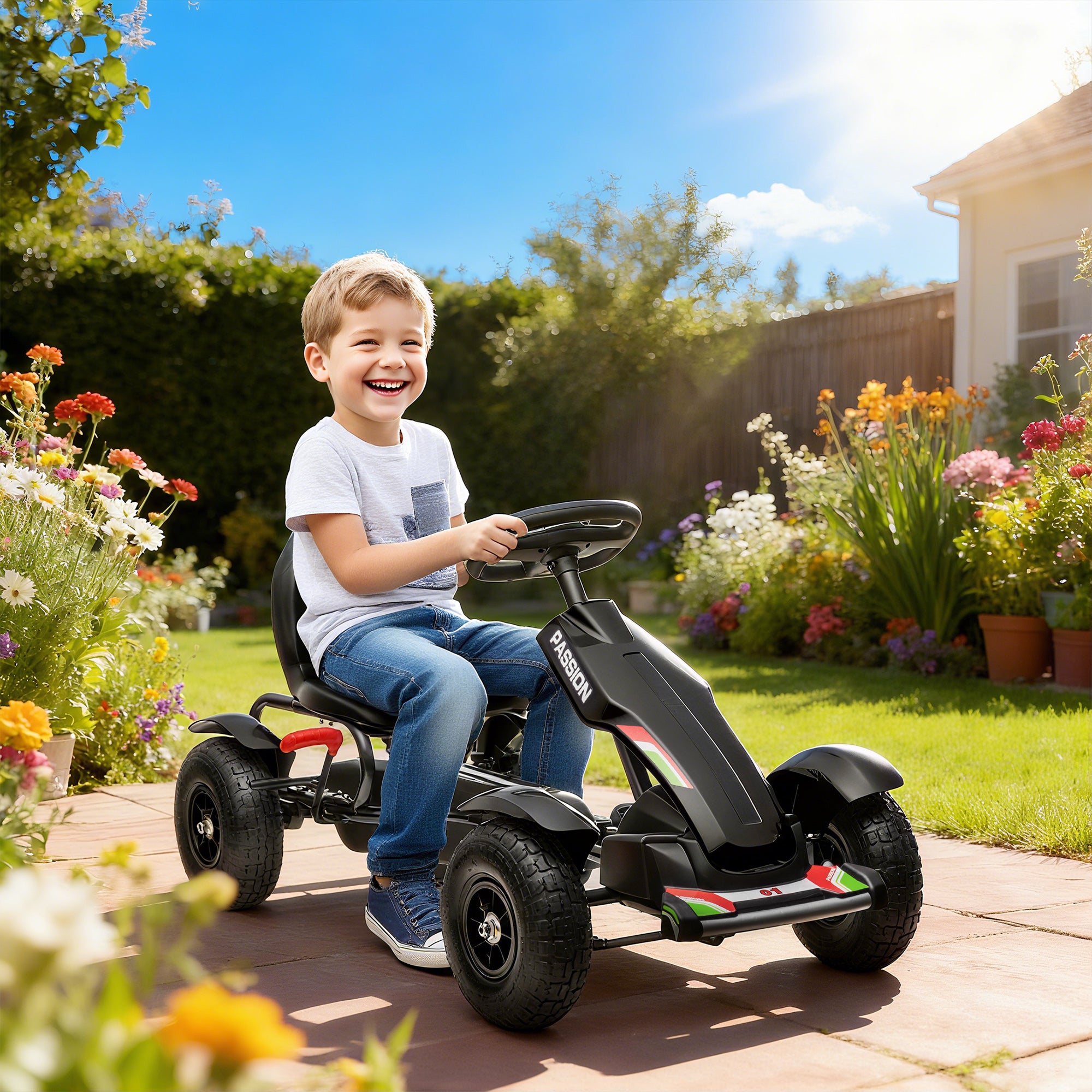 HOMCOM Kids Go Kart Adjustable Seat Inflatable Tyres
