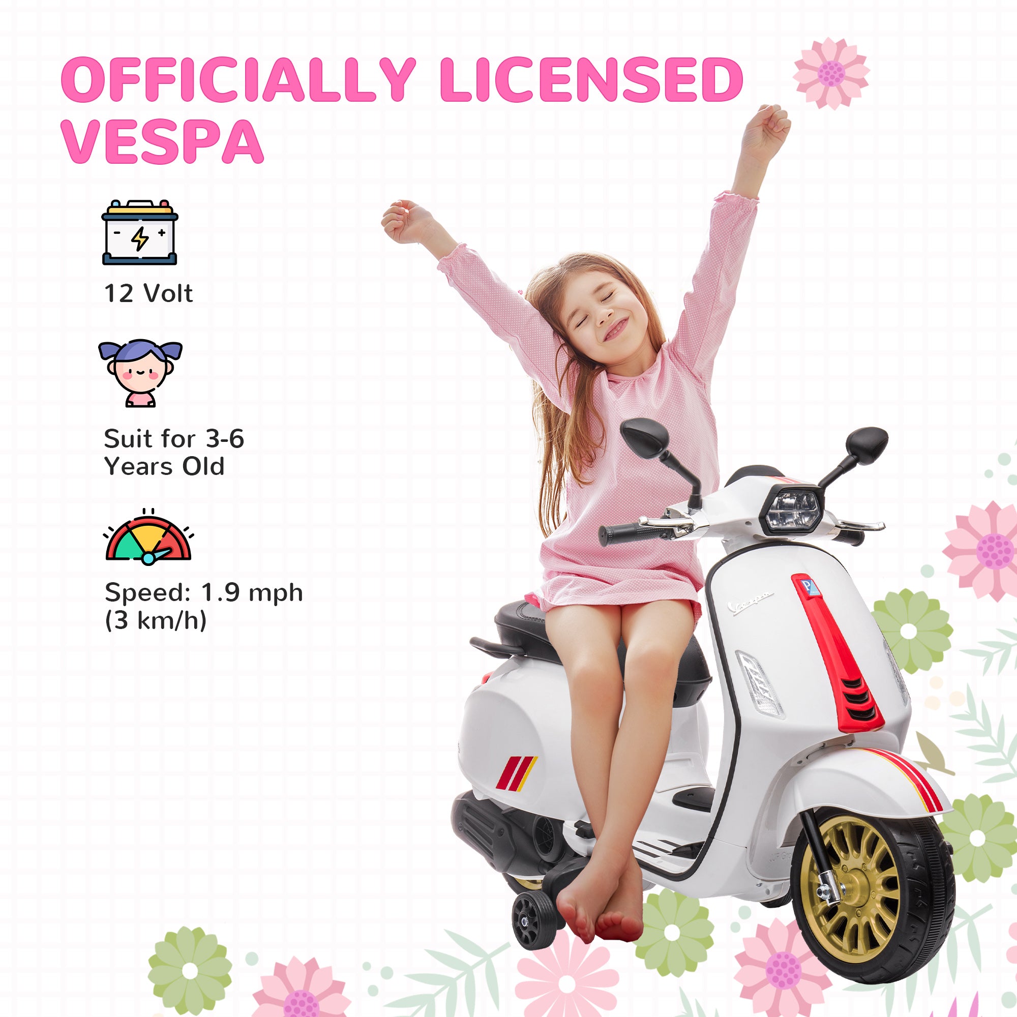AIYAPLAY Vespa 12V Kids Electric Motorbike - White