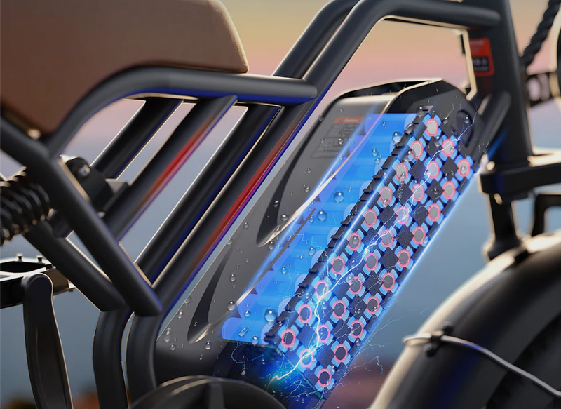 Close-up of an electric bike’s battery pack, shown with a semi-transparent effect revealing numerous cylindrical battery cells inside, blue highlights, and small water droplets on the surface, suggesting weather resistance.
