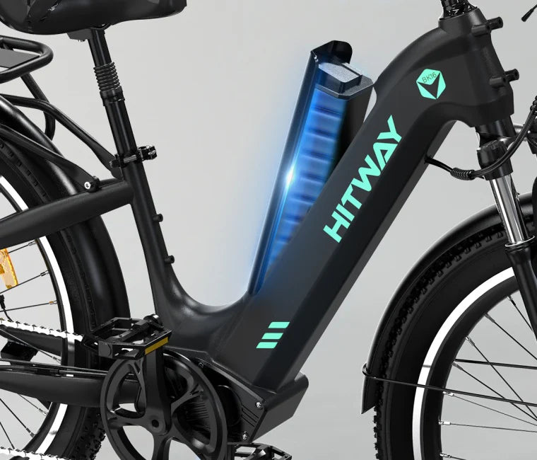 Close-up of a black electric bicycle frame with the brand name HITWAY displayed, highlighting a visible, glowing blue battery integrated into the frame. The bike has thick tires and visible pedal and chain components.
