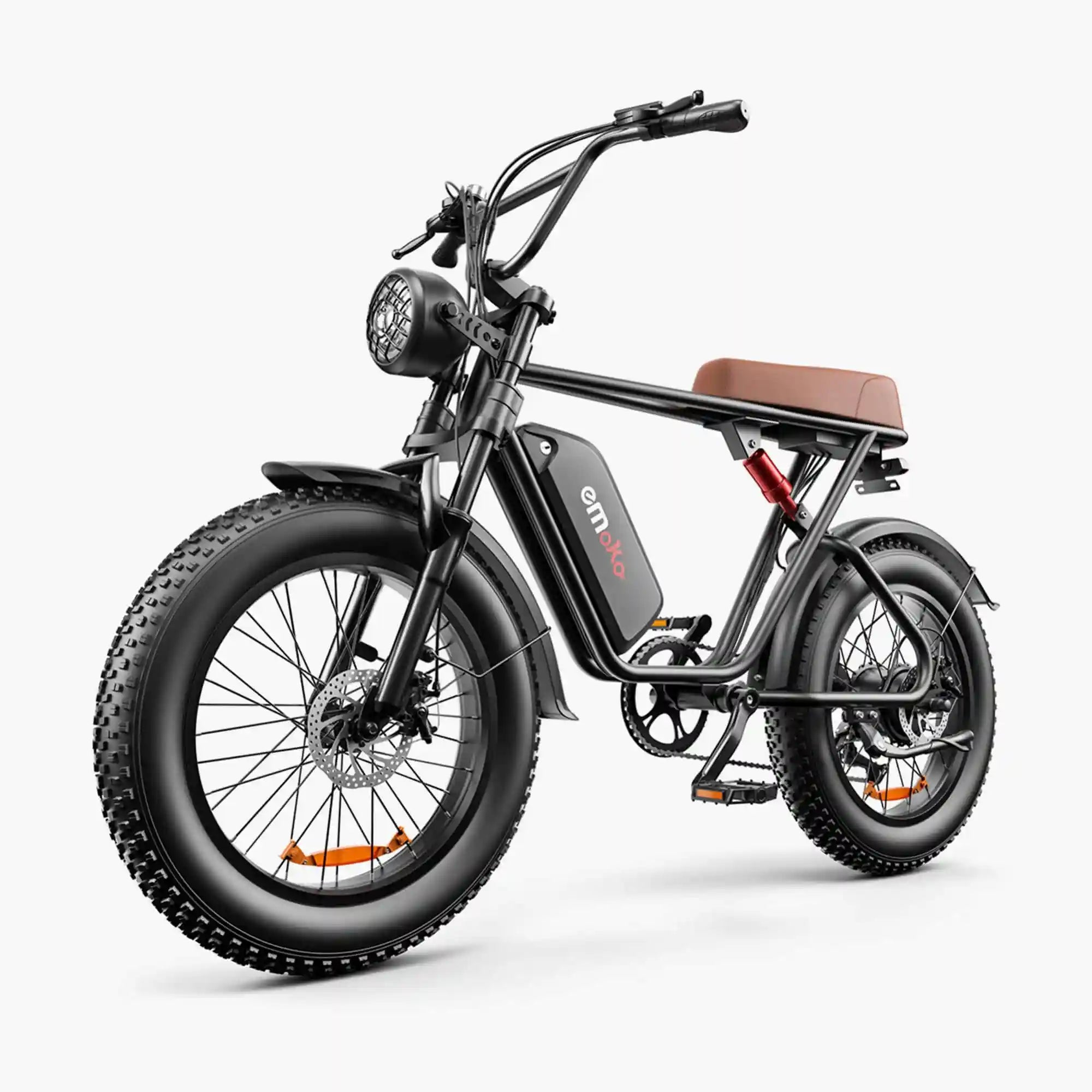 Emoko C91 electric bike front three-quarter view with brown seat
