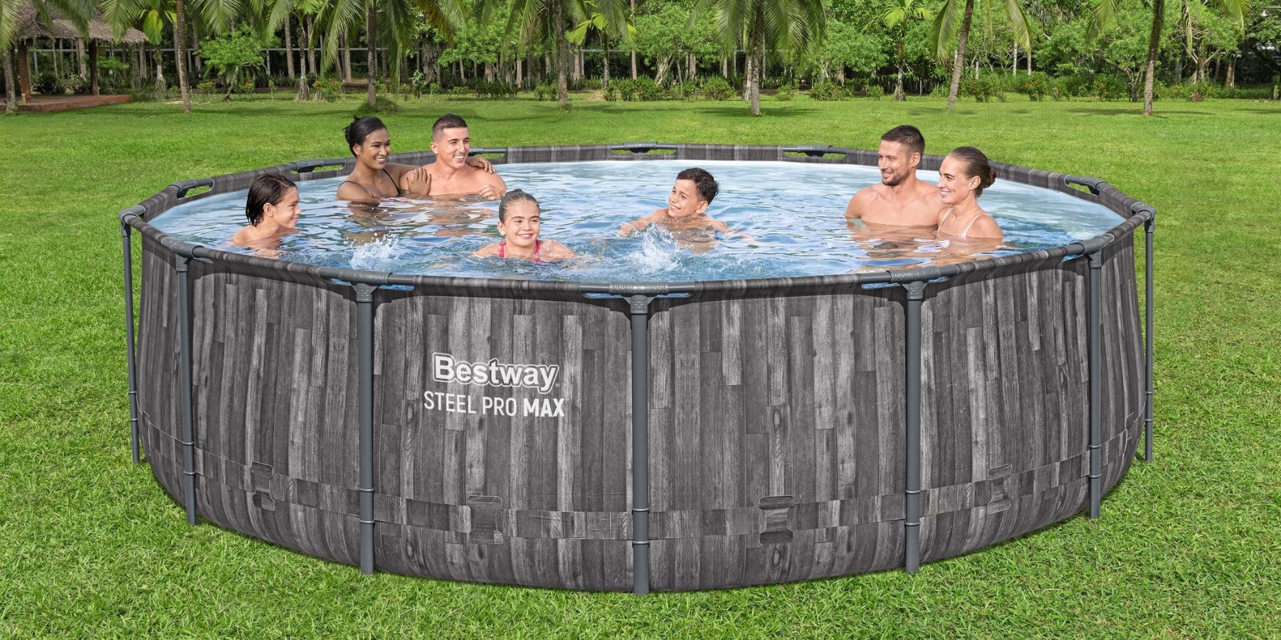 Bestway Steel Pro Max 14ft x 42in Wood Print Pool - wood print above ground pool in use