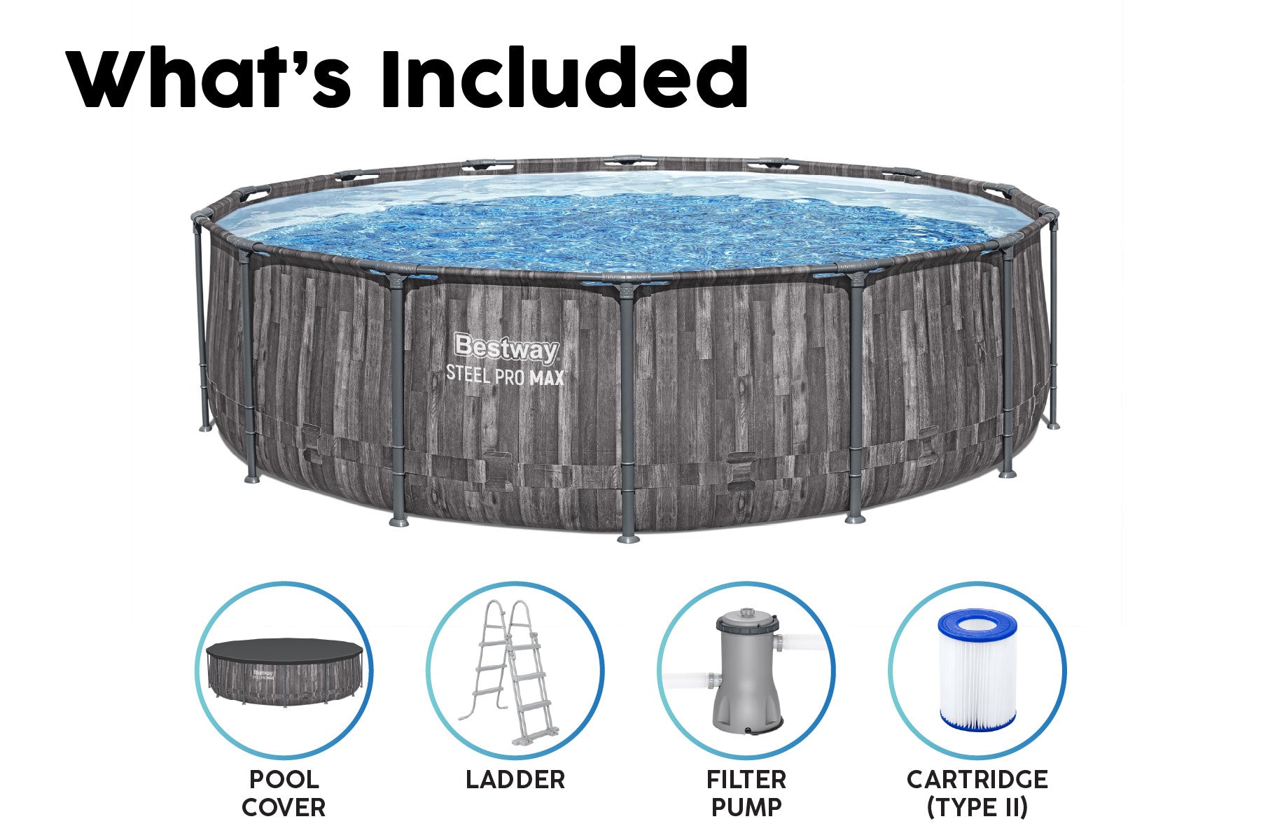 Bestway Steel Pro Max 14ft x 42in Wood Print Pool - included accessories