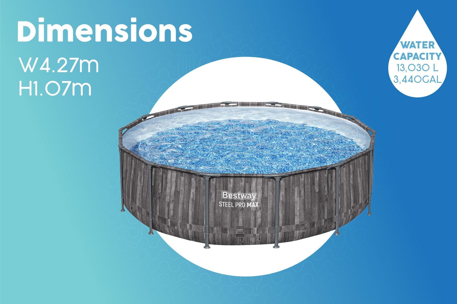 Bestway Steel Pro Max 14ft x 42in Wood Print Pool - dimensions and water capacity