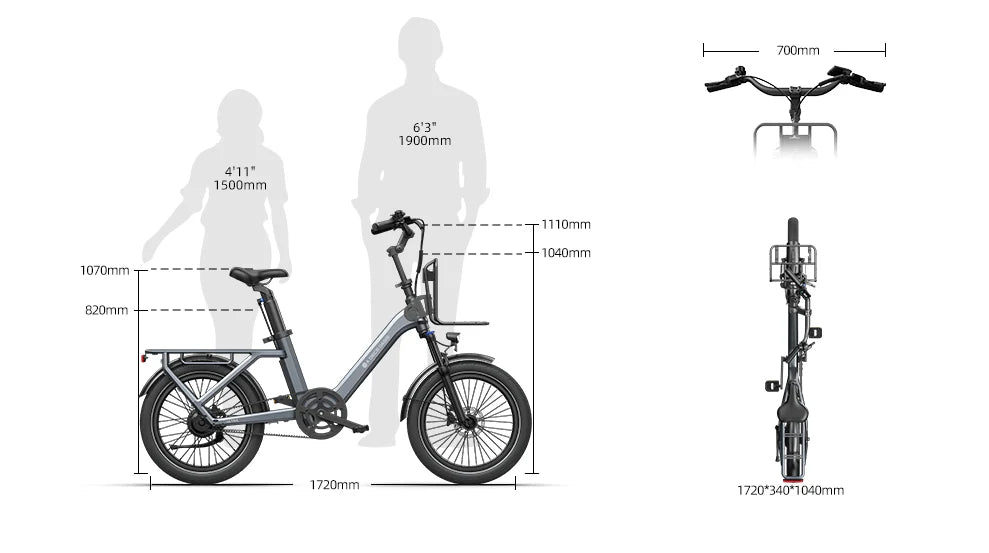 ADO Air One Pro Family Electric Bike dimensions