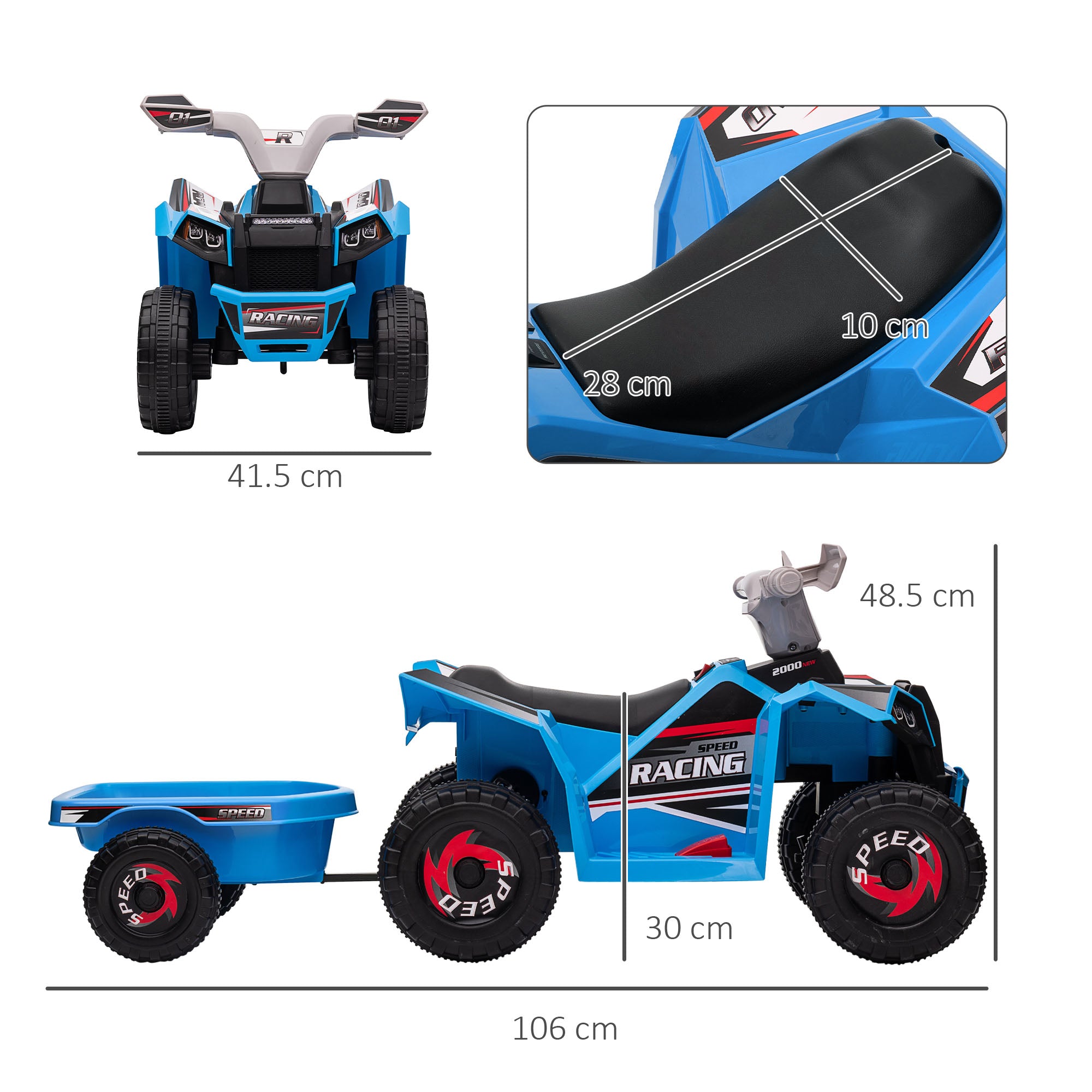HOMCOM 6V Kids Quad Bike with Trailer - Blue
