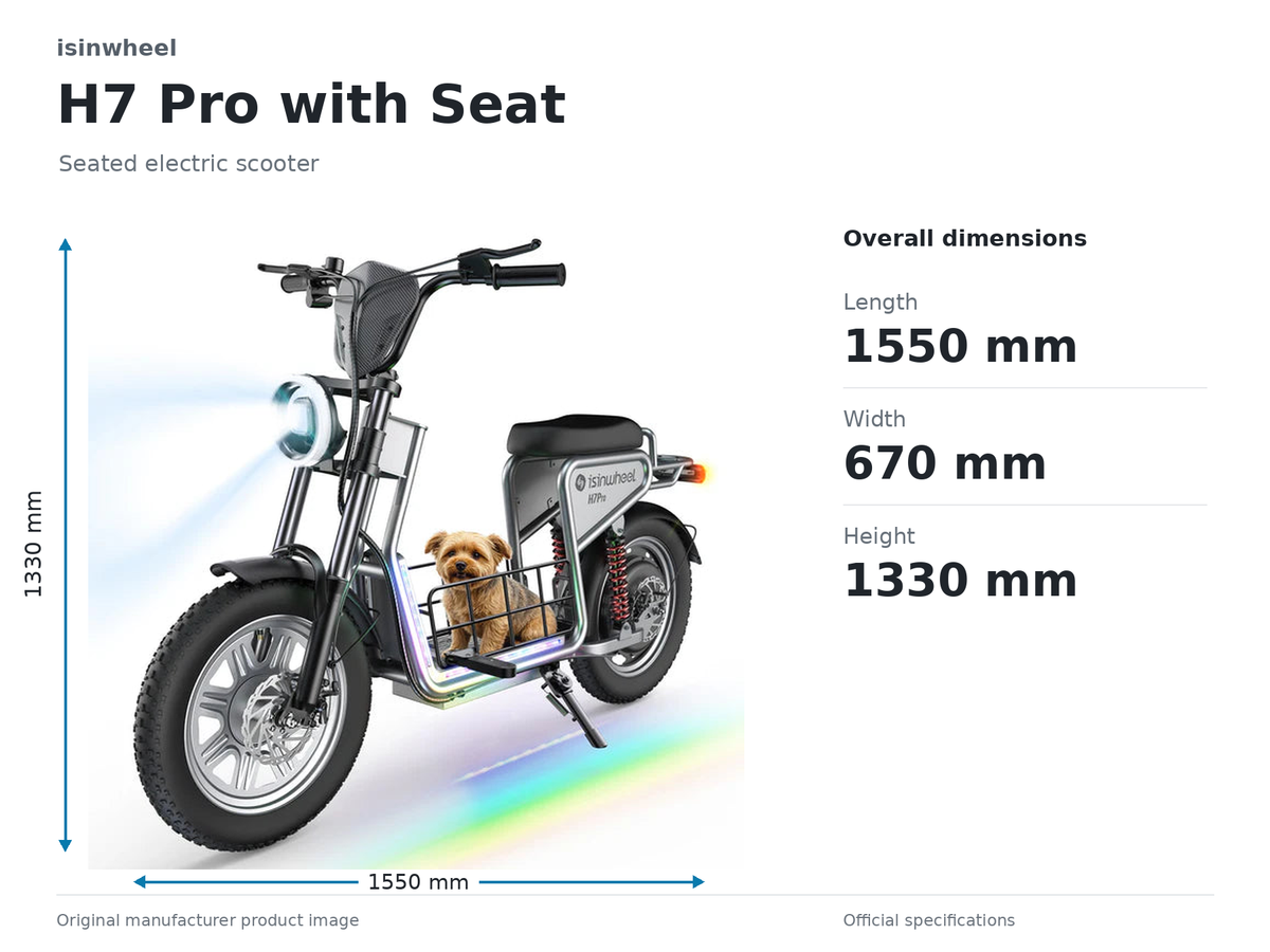 Isinwheel H7Pro Comfort Electric Scooter with Seat size and dimensions