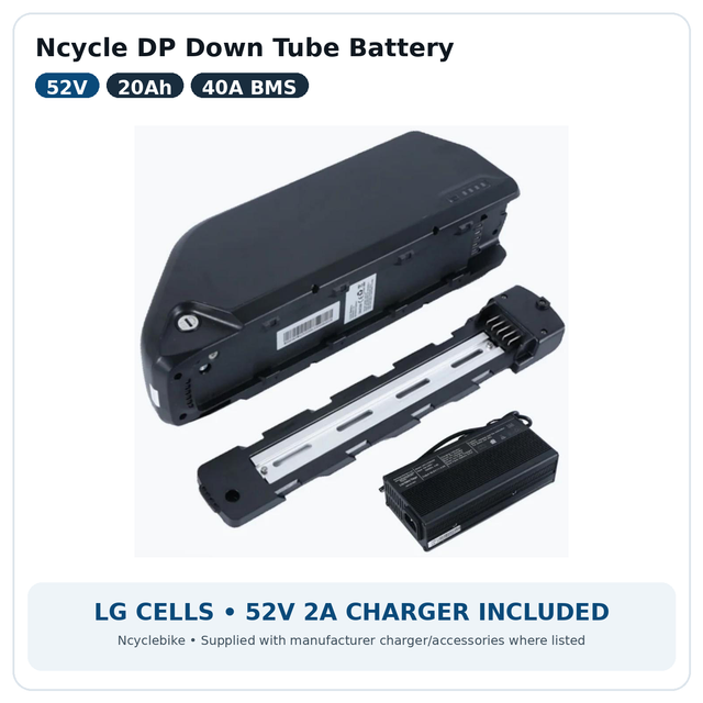 52V 20Ah down tube eBike battery with LG cells, mounting rail and charger