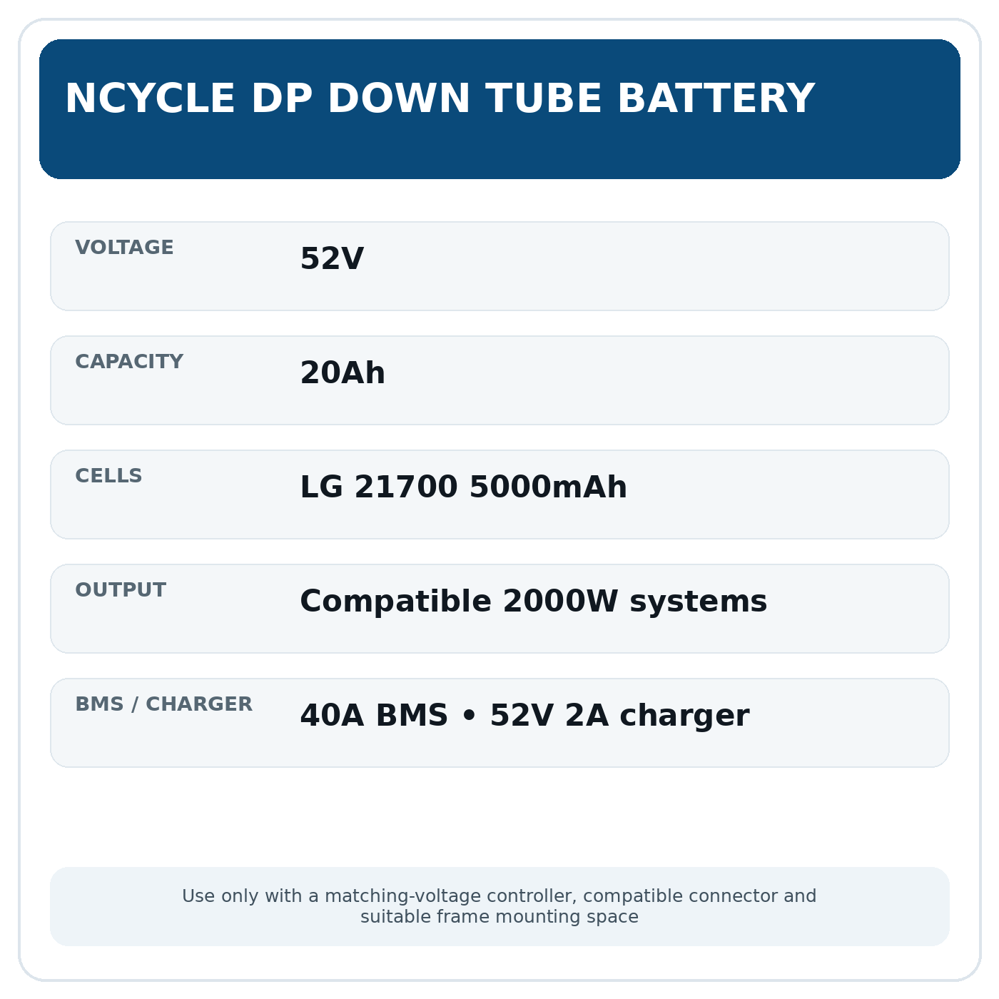52V 20Ah down tube eBike battery specifications