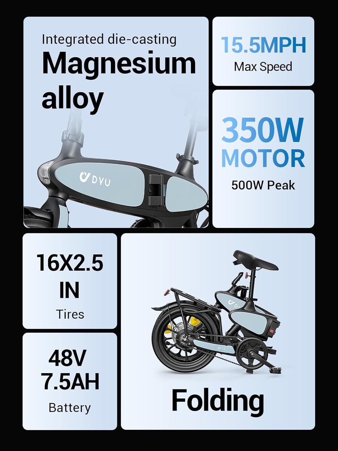 DYU C2 16" Foldable Electric Bike 250W 48V 7.5Ah
