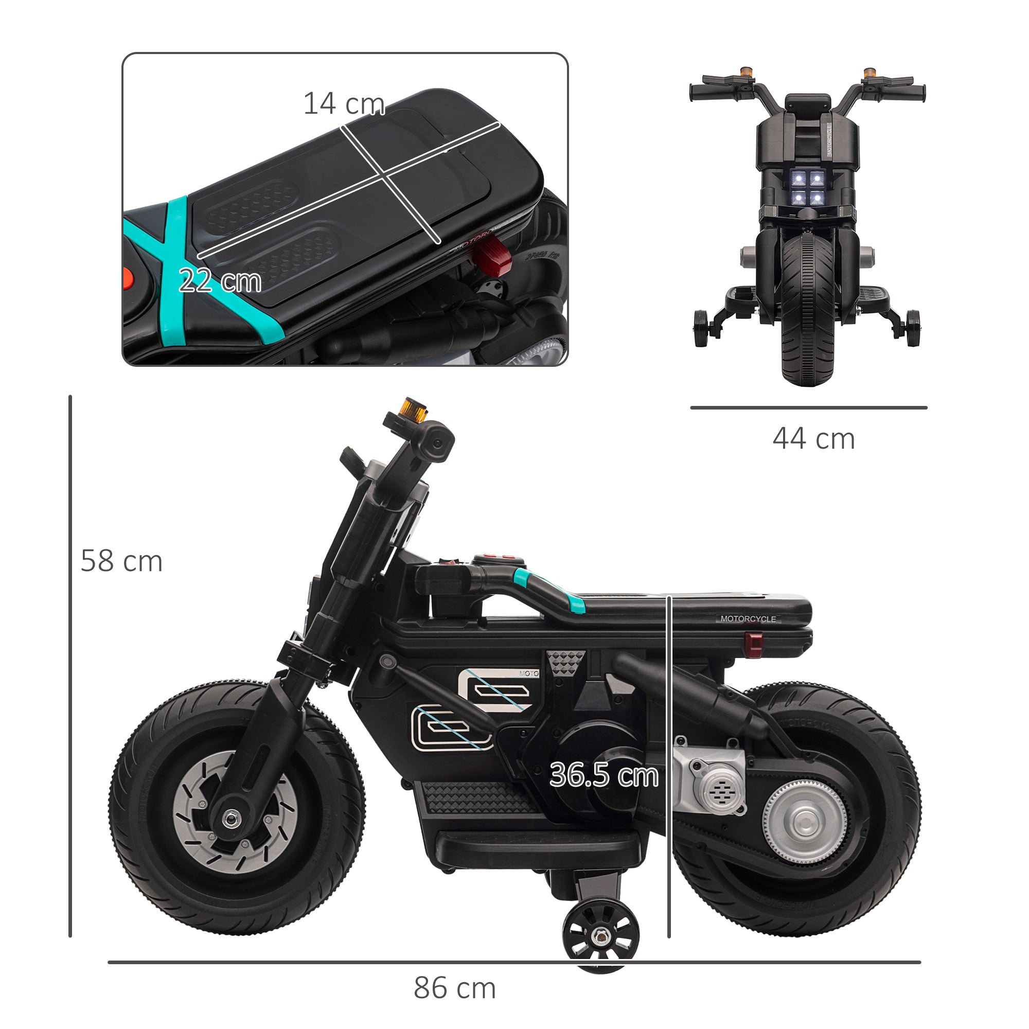 HOMCOM Kids Electric Motorbike with Training Wheels - Black