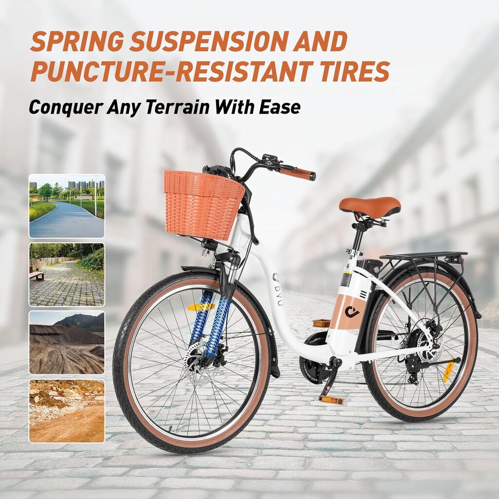 An electric bicycle with a brown seat and basket is displayed on a cobblestone street. Text highlights its spring suspension and puncture-resistant tires, with images showing various terrains like pavement, cobblestones, dirt, and sand.