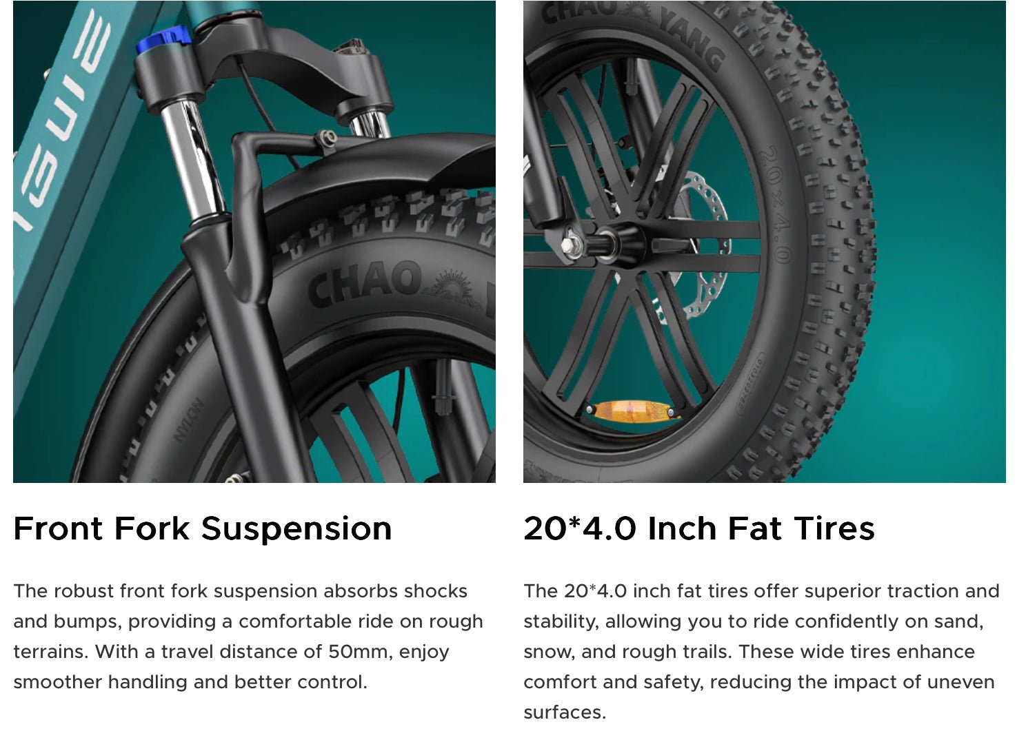 Close-up of a bicycles front fork suspension and fat tire, highlighting features such as shock absorption and improved traction on rough terrain, with text descriptions detailing their benefits.