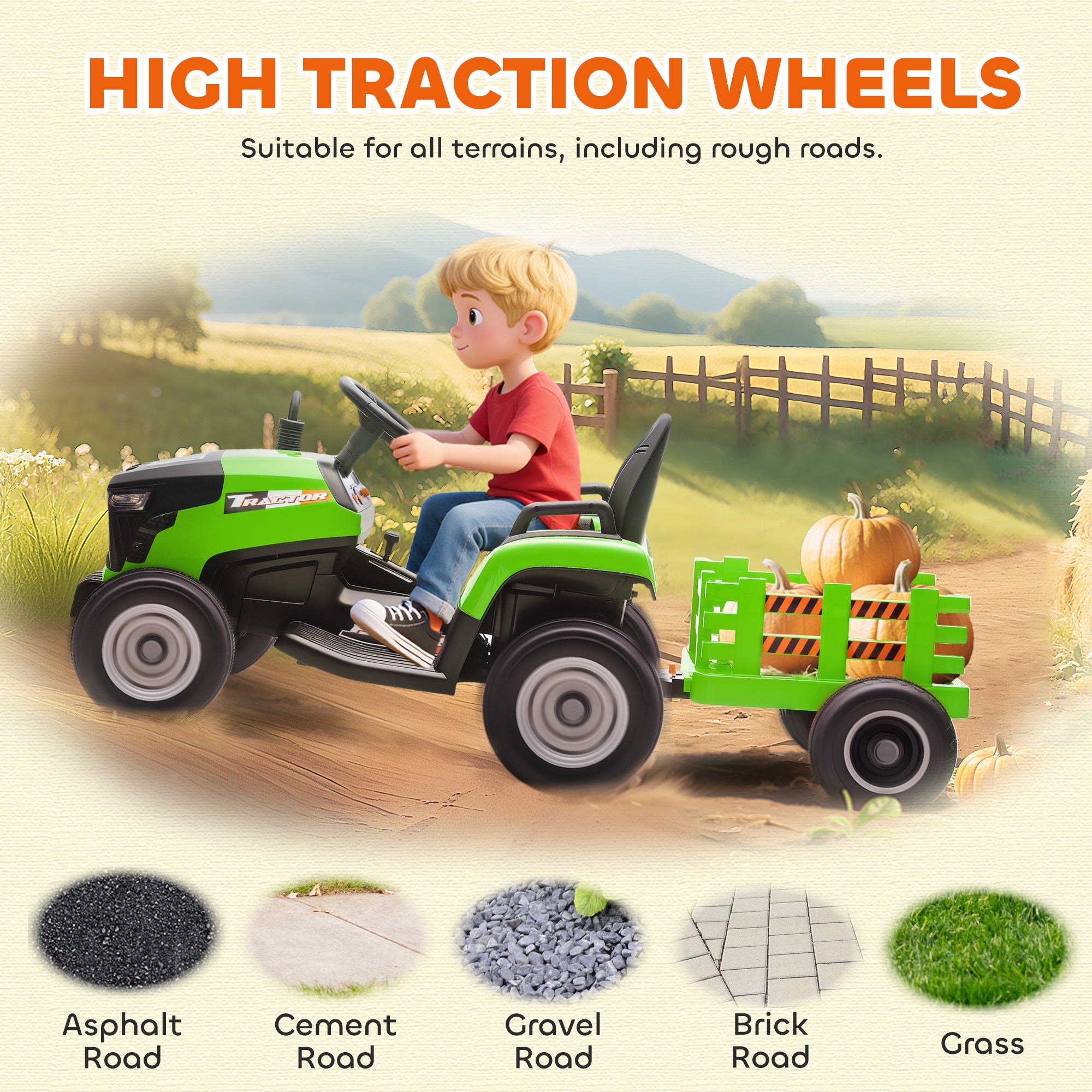 AIYAPLAY 12V Kids Ride-On Tractor with Trailer