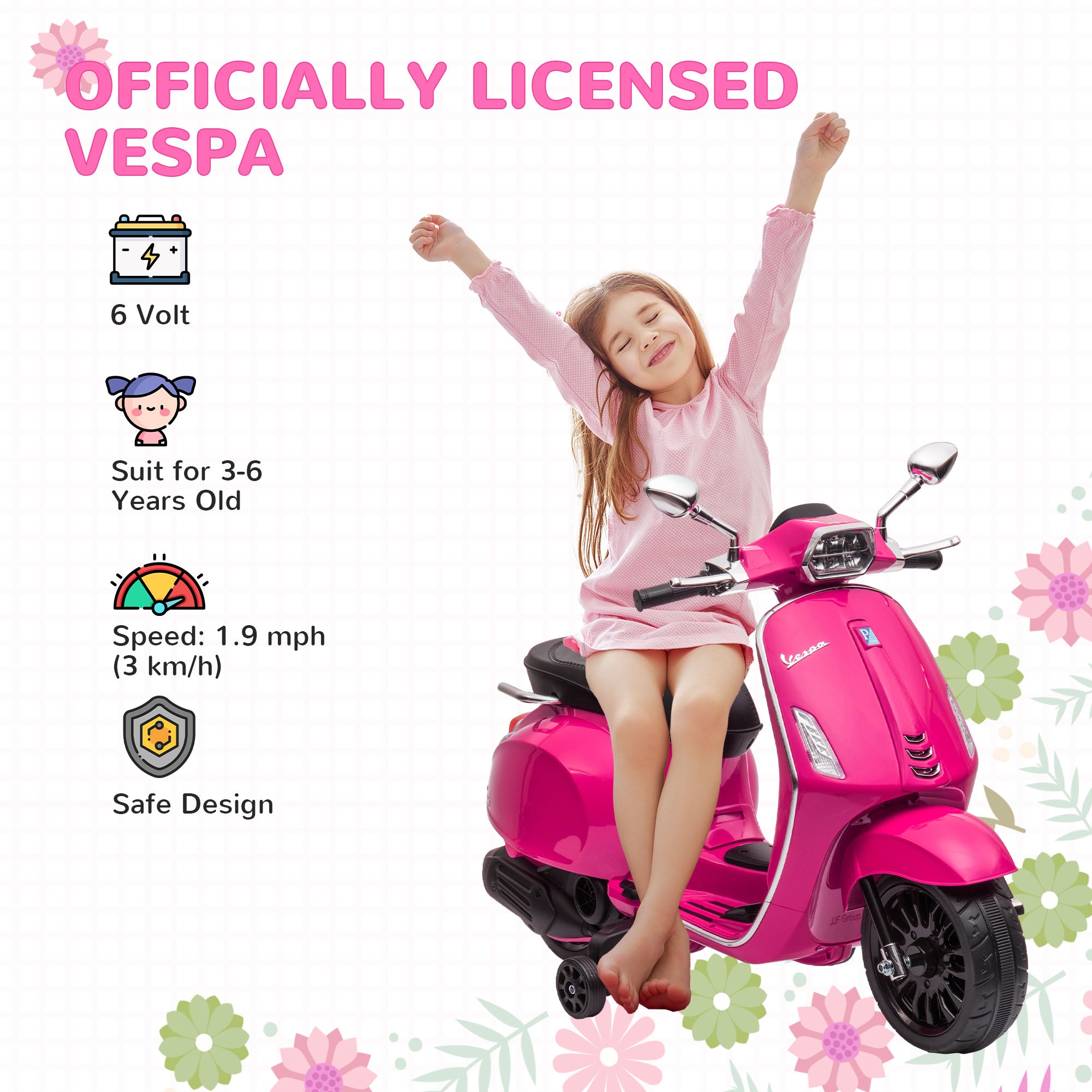 AIYAPLAY Vespa 12V Kids Electric Motorbike - Pink
