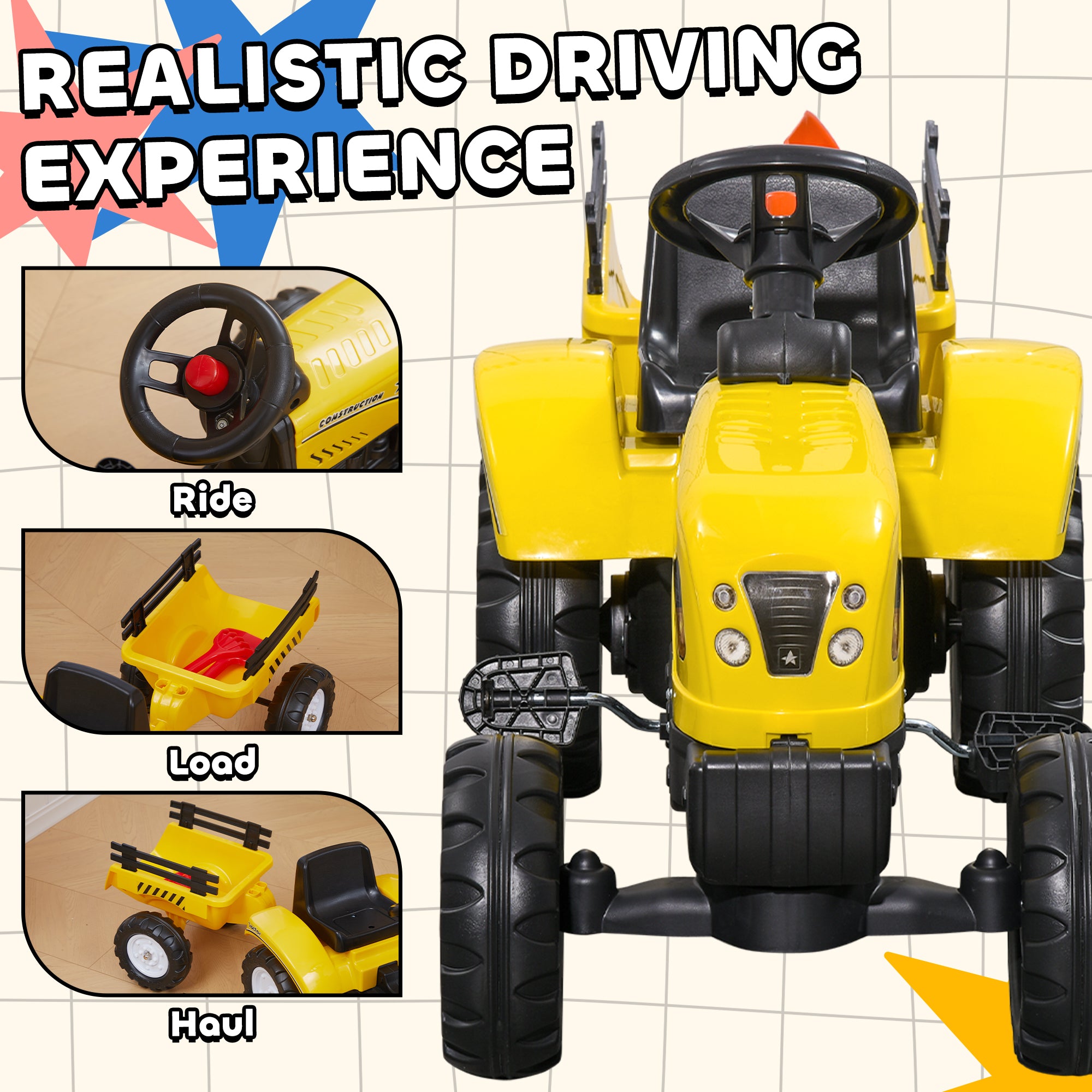 HOMCOM Pedal Go Kart Kids Tractor with Trailer & Tools