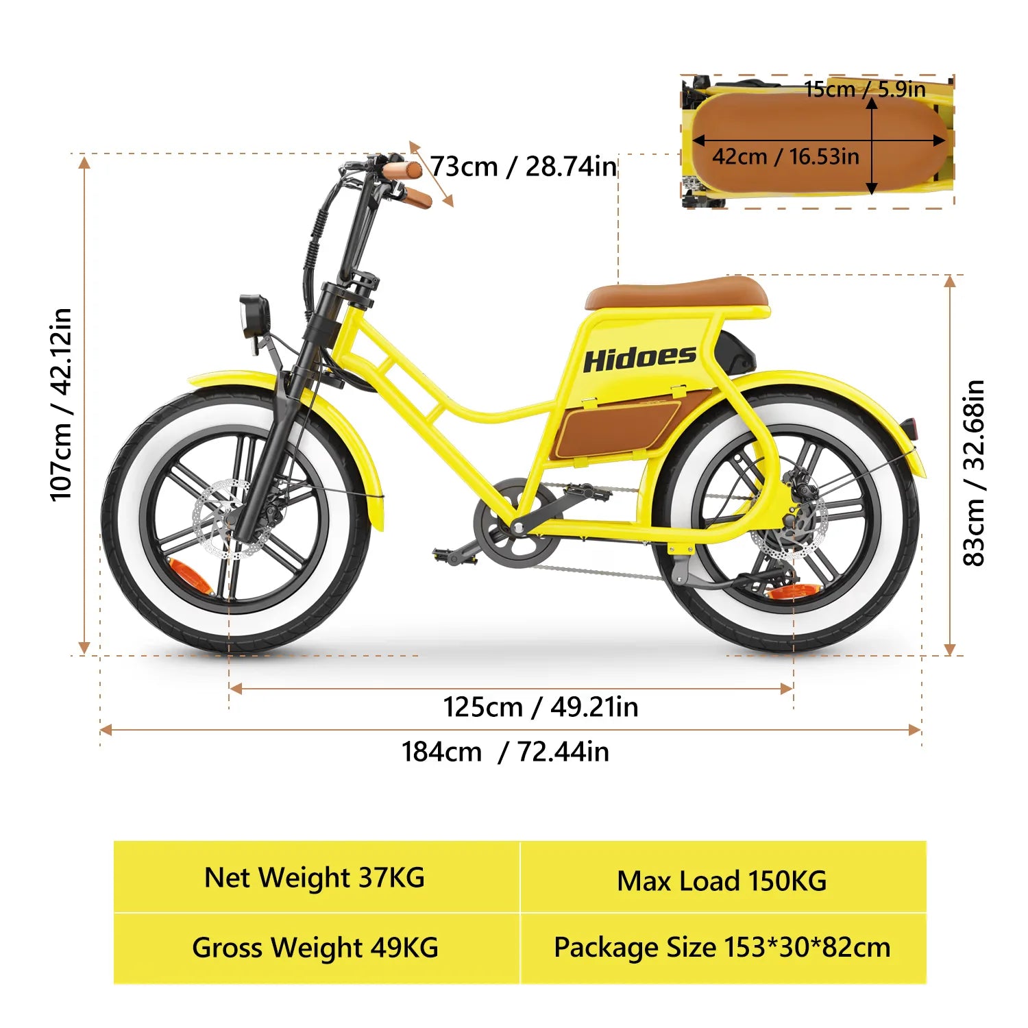 Hidoes C8 20” Fat Tire Electric Bike dimensions