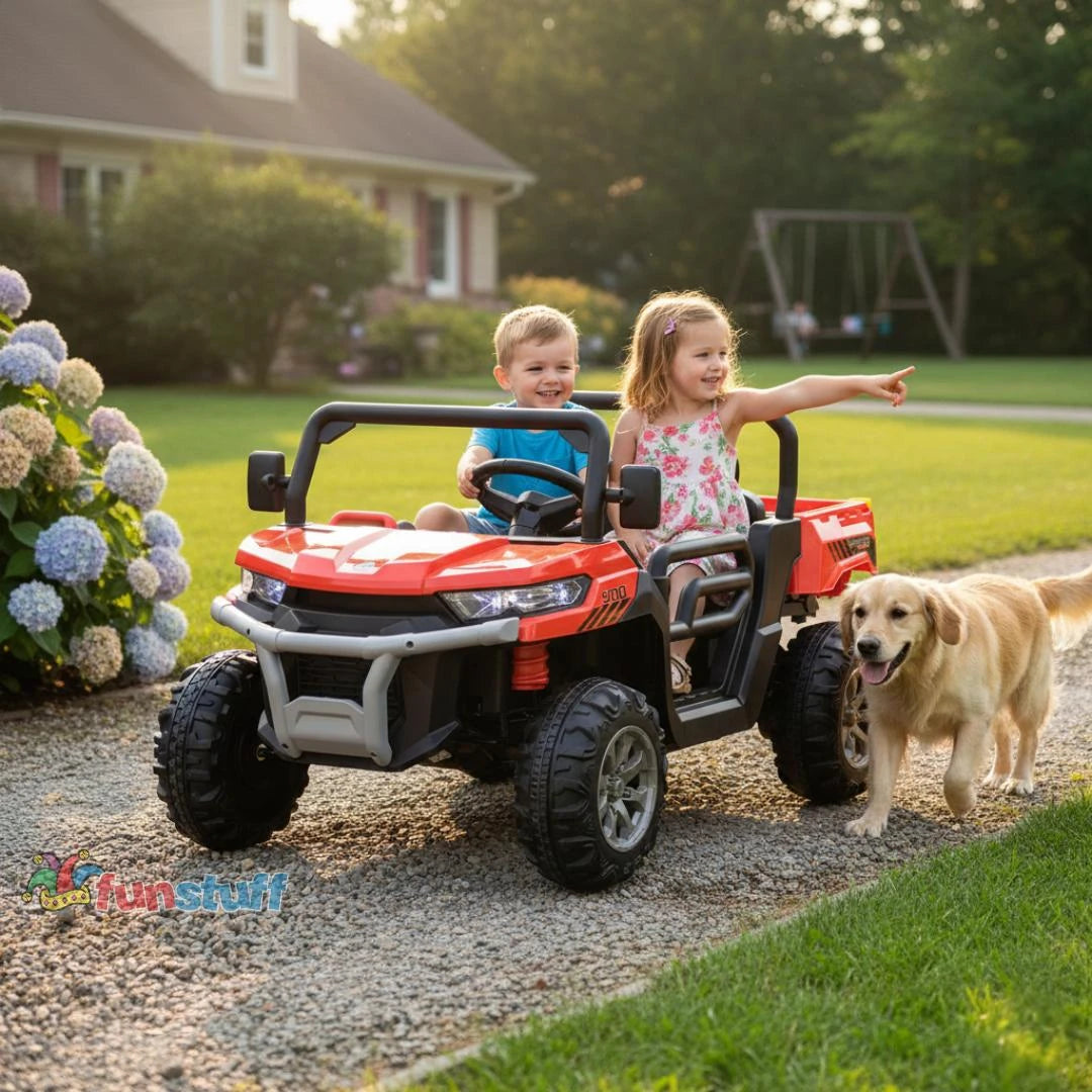 Funstuff AgriBuddy 12V Two-Seater Ride-On Buggy with Tipper - Red
